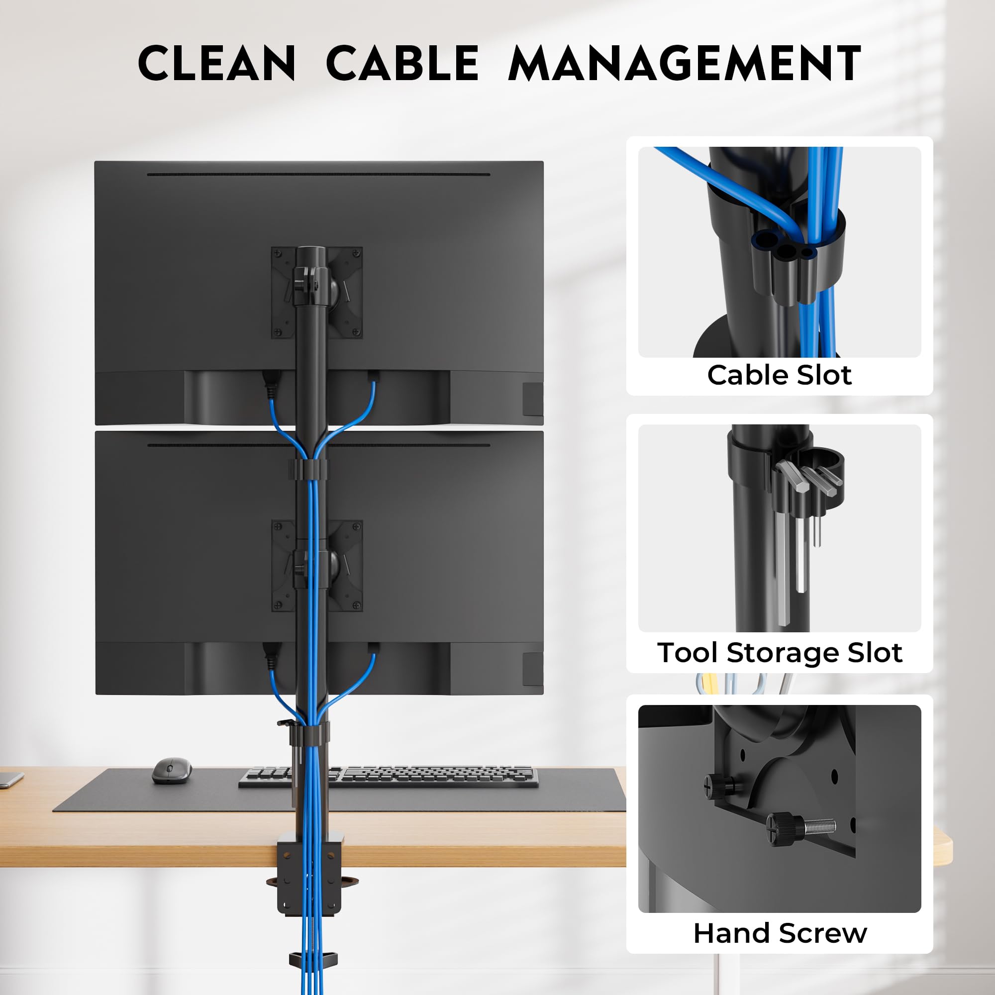BONTEC Support Ecran PC Double Vertical pour 2 Moniteurs 13-34 Pouces, Bras Articule VESA 75x75/100x100mm, 10kg, Rotation 360, Inclinaison ±15°, Pince en C