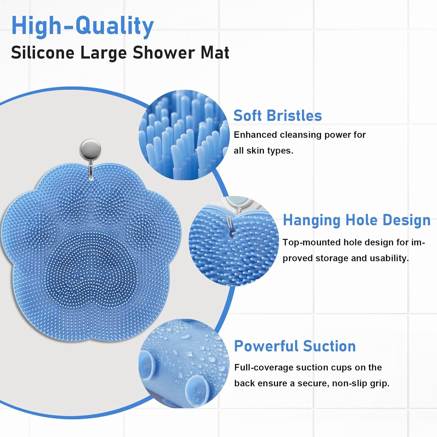 Silicone Foot Scrubber Mat No Bend, 12"x12" Shower Foot Scrubber Mat for Seniors Pregnant Women Overweight, Non-Slip Suction Cup, Wall Mount, Compact Bathtub Foot Cleaner Mat