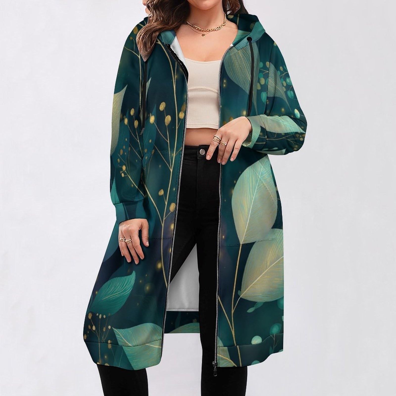 Felpa Donna con Zip Felpe Sportiva con Tasche E Cappuccio Rami E Foglie Morbida Invernale Giacca Regolabile Confortevole per Uso Quotidiano Casual