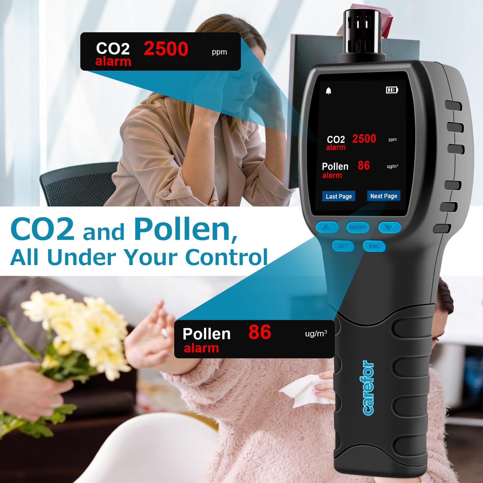 CF‑60 PP Professionale qualità aria misuratore con grafici dei dati sul dispositivo e report esportabili, rilevatore portatile 16 in 1 per AQI, CO2, TVOC, HCHO, PM2.5/10/1.0, polline ecc