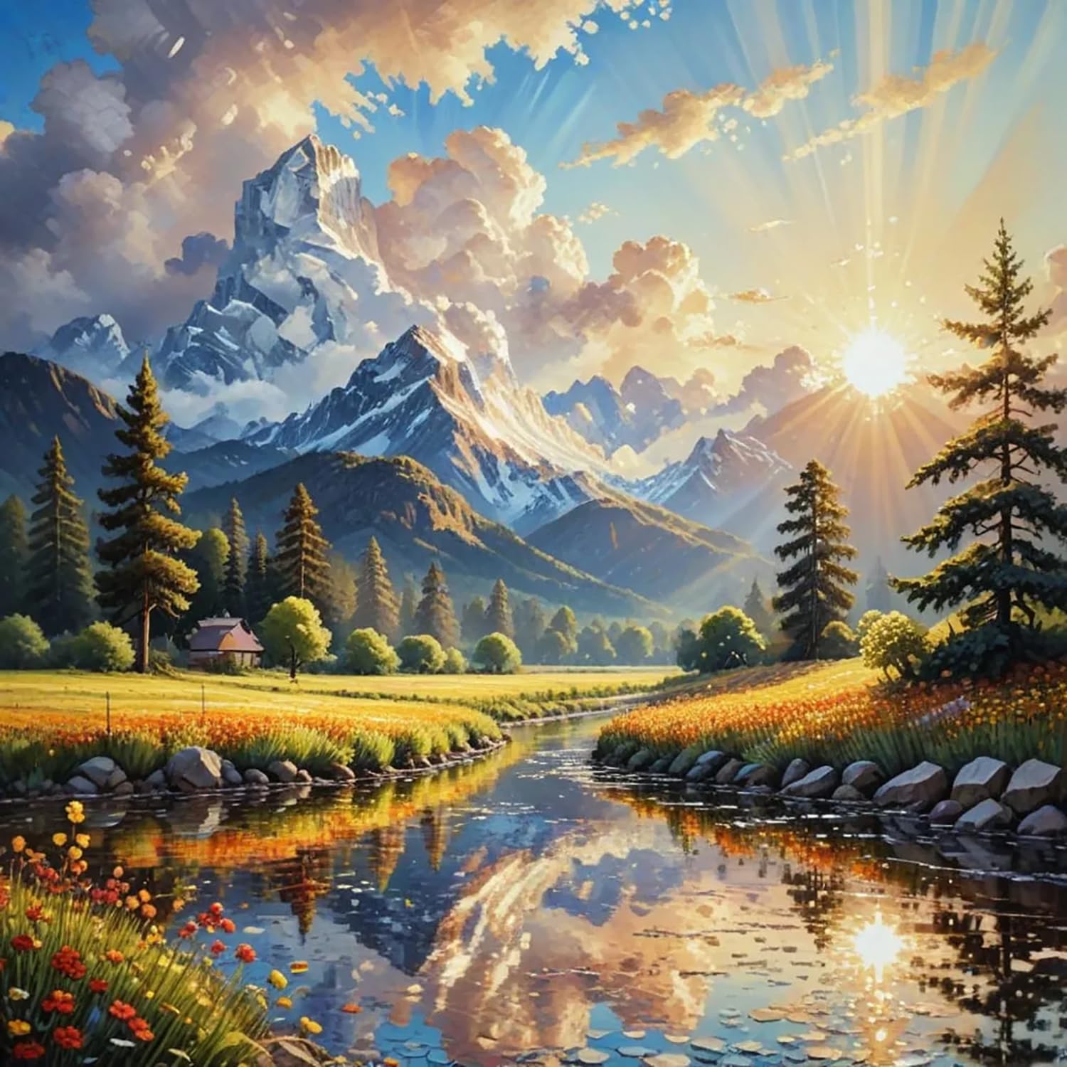 VCLKDIY Sunrise Mountain Lake Paint by Numbers Kits for Adults, DIY Canvas Paint by Numbers Kits for Adults Beginners, Acrylic Painting for Beginners Art by Numbers Home Wall Decor 16x16 Inch