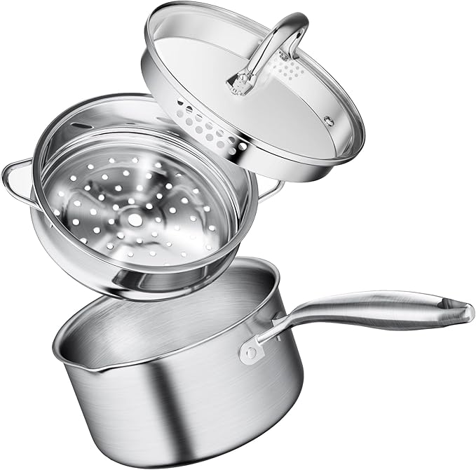 1.5 Quart Stainless Steel Saucepan with Steamer Basket, Tri-ply Construction, Versatile Sauce Pan with Double-sized Drainage Lid