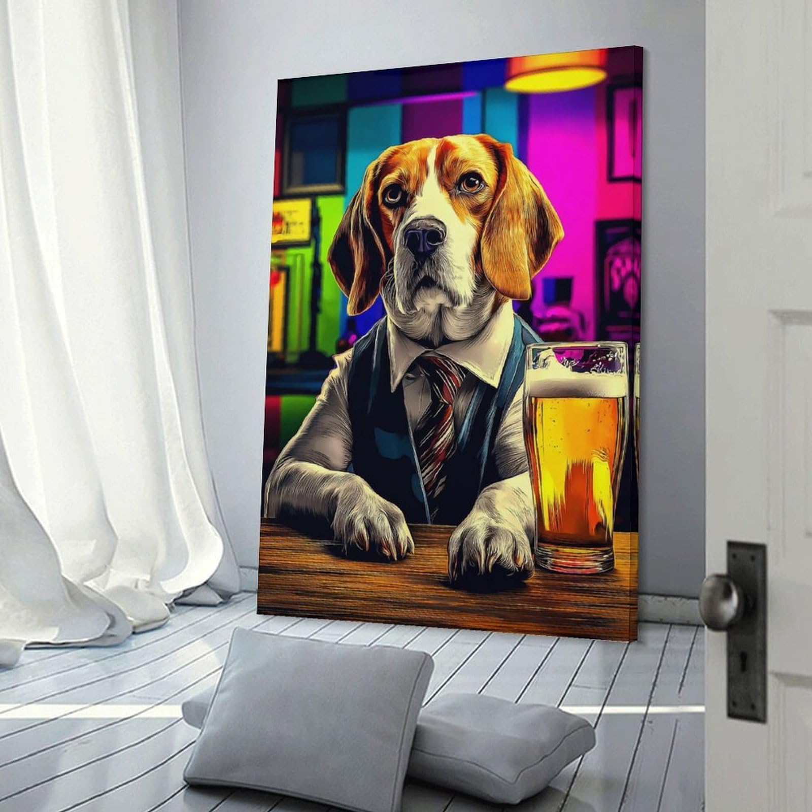 Junmoney Beagle in Suit Enjoying Beer at Bar Wall Picture Print, 24x36inch(60x90cm), for Workspace Walls, Study Corners Or Bedrooms, Wall Art That Adds Style to Work Areas