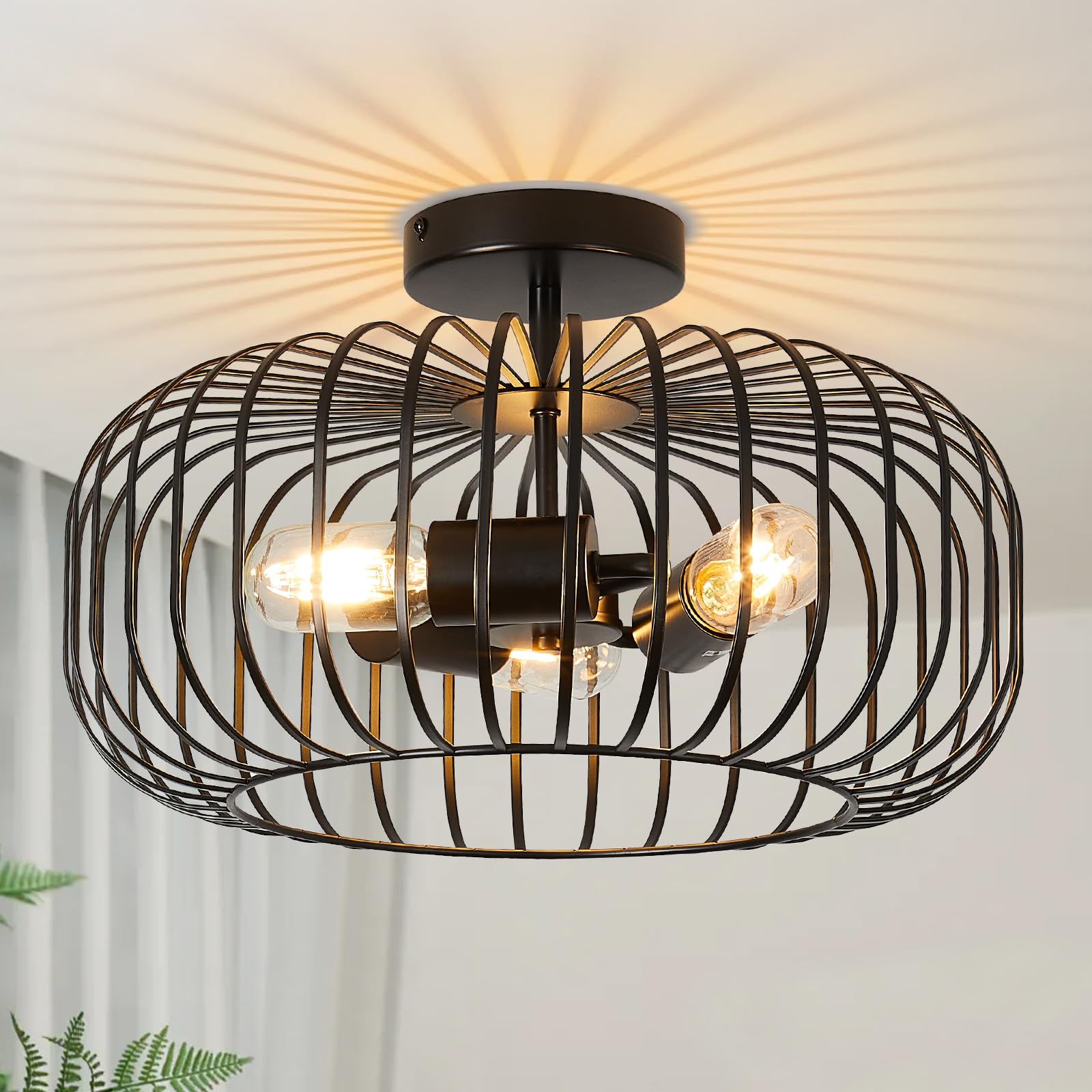 FORCOSO Ceiling Light Fitting 3 Lights, Metal Black Light Shade Semi Flush Modern Chandelier Lampshade, E27 Lighting Fixture for Living Room Bedroom Hallway Kitchen Dining Room