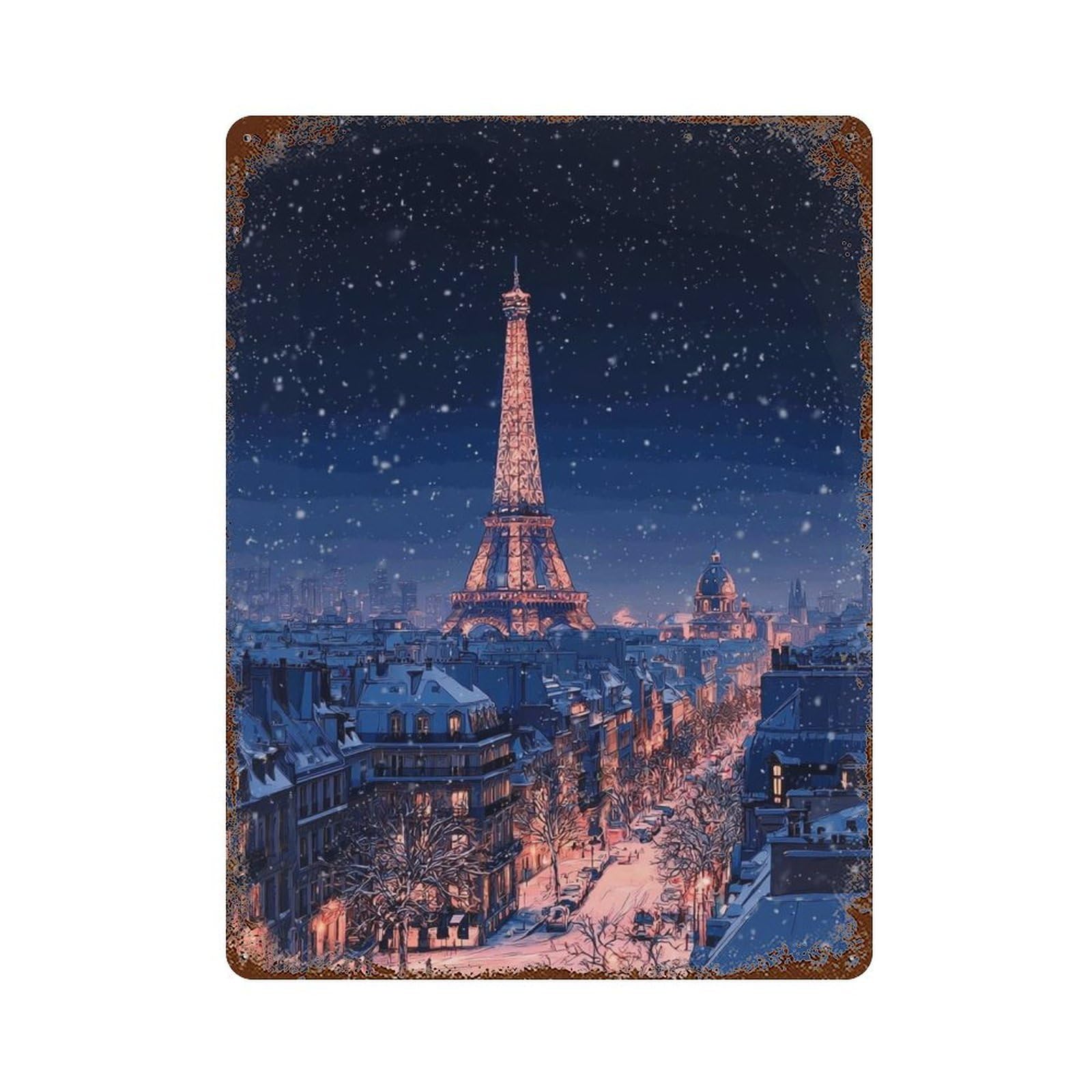 Paris Winter Night Lights Distressed Metal Wall Sign 15.7"x11.8", for Garage, Bar And Workshop Decor, Decorative Metal Wall Art