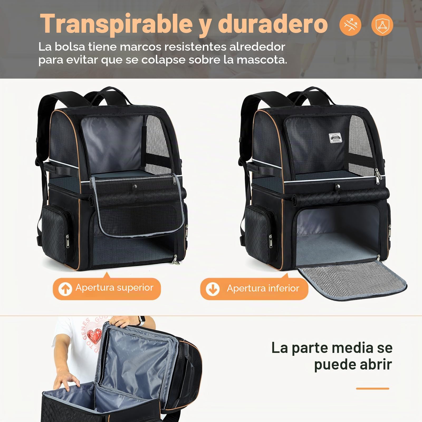 Mochila Gatos de Doble Capa para 2 Gatos | Mochila Grande para Perros,Mochila Transportin Gato para Mascotas Plegable - para Perros y Gatos de hasta 11 kg - Negro