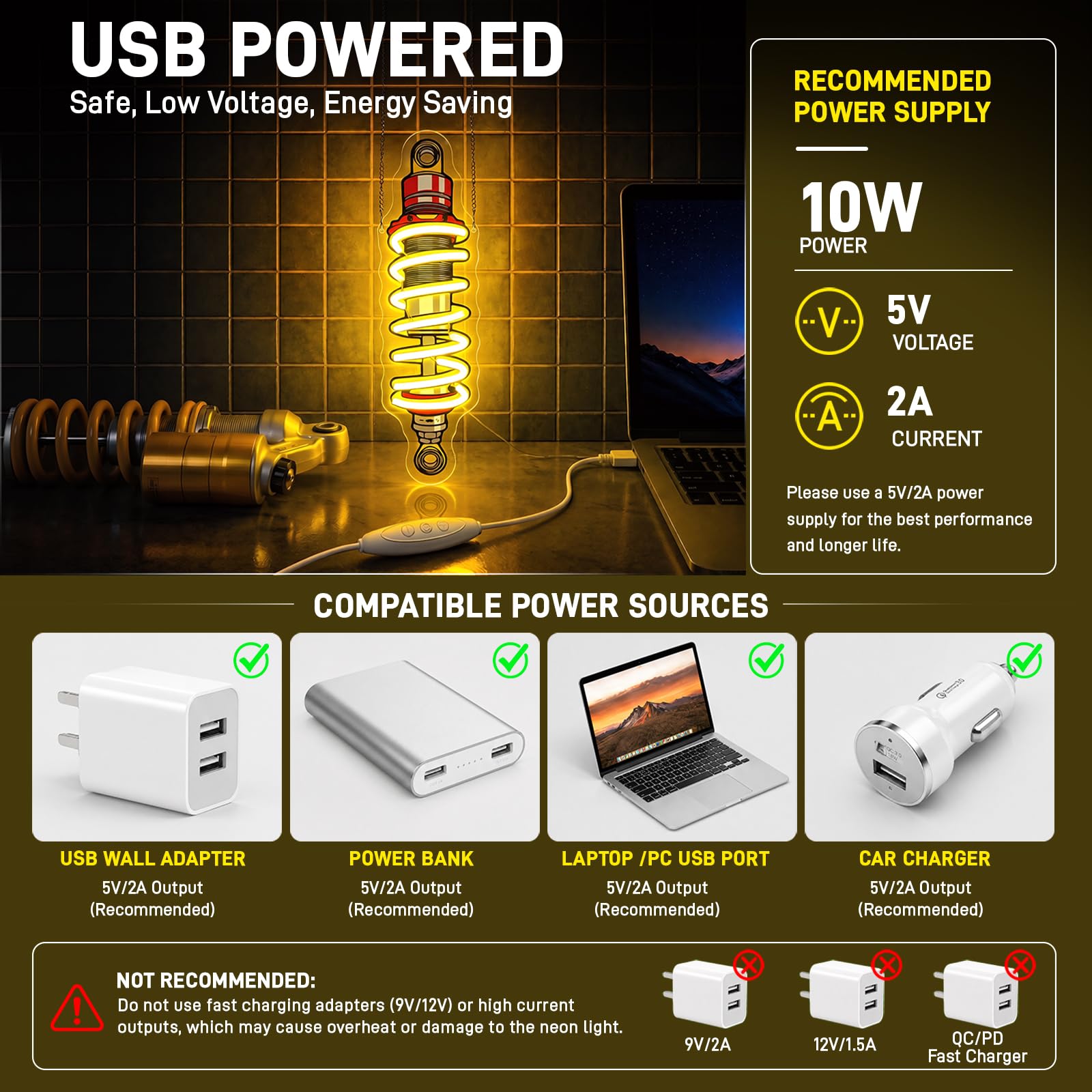 Znaki świetlne amortyzatora, Neony LED do zawieszenia samochodowego do garażu, ściemniane przez USB do warsztatu mechanicznego Man Cave
