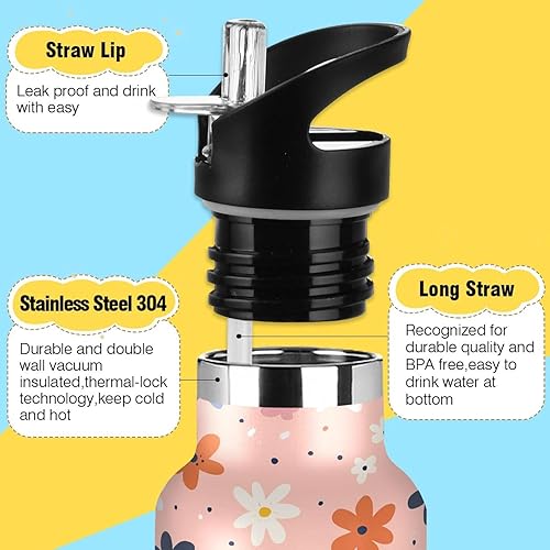Miniatura 3 de Botella de agua reutilizable con aislamiento de doble pared con diseño de flores para el Día de los Padres, aislada, con tapa de popote, sin BPA, a