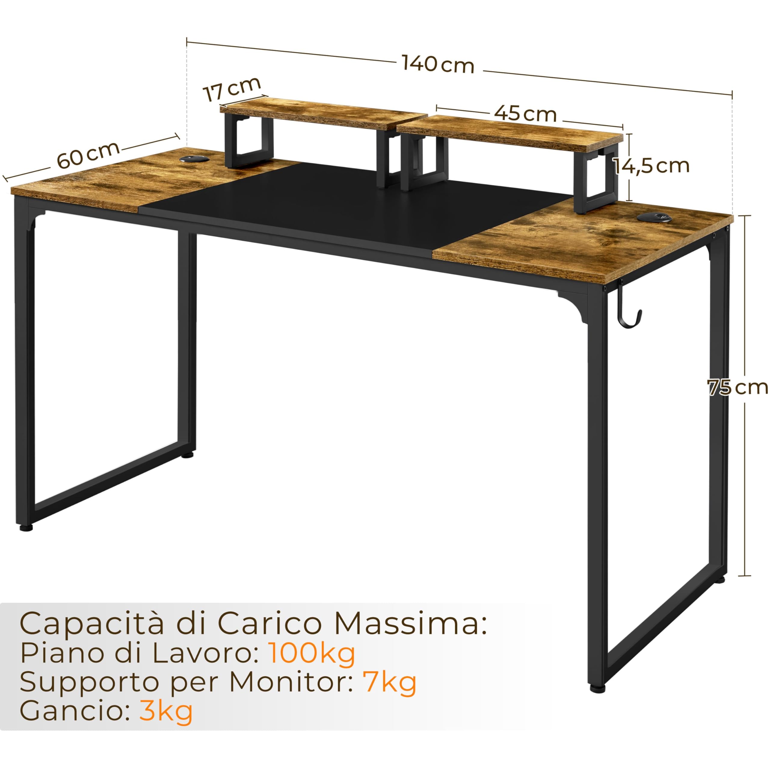 Yaheetech Scrivania per Computer Tavolo per PC Postazione di Lavoro Portaoggetti 140 x 60 x 89 cm Mobile da Ufficio a 2 Ripiani in Legno e Metallo Tavolo per Studio Vintage e Industriale