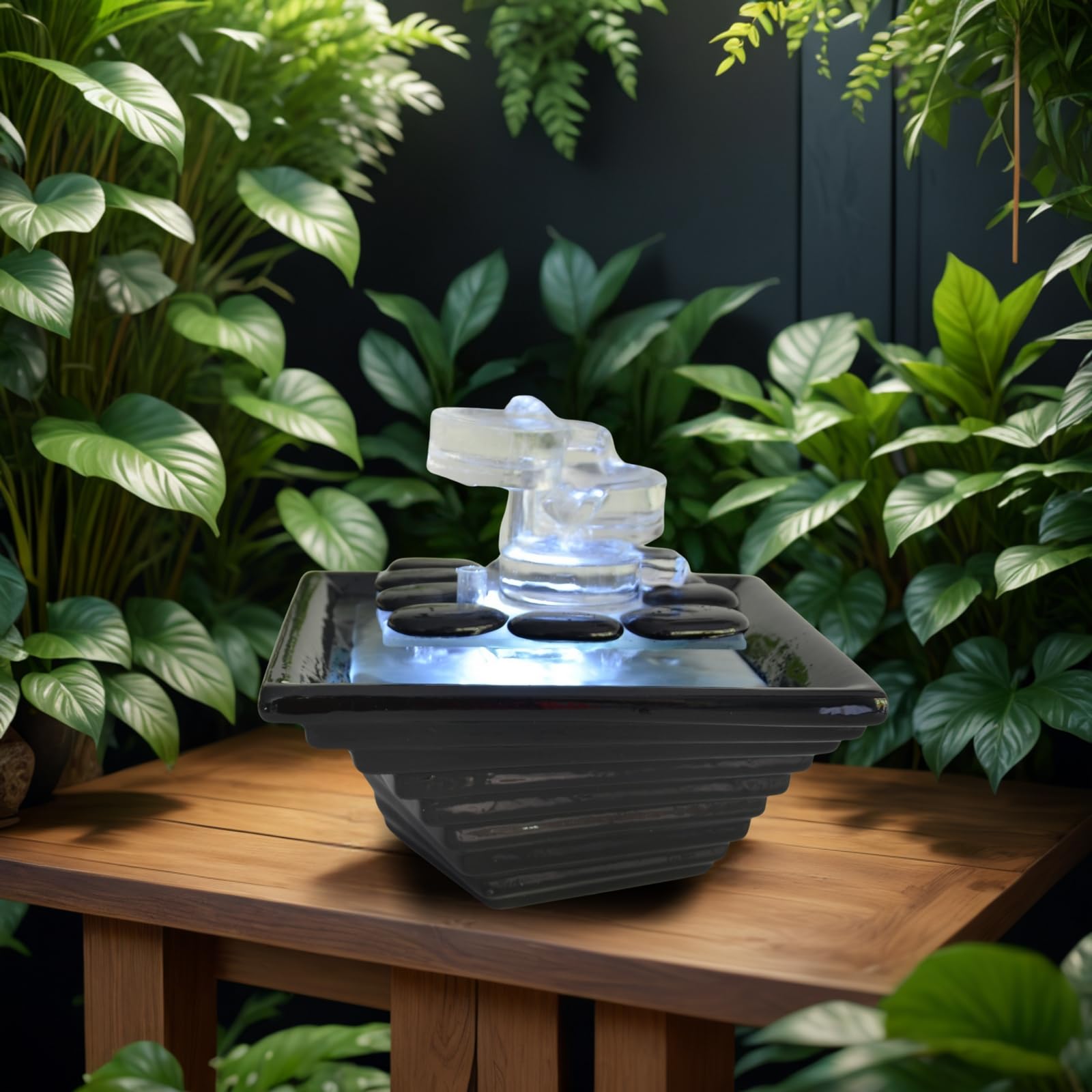 Fontaine d’Intérieur en Céramique et Verre Haute Qualité Lumière Blanche, Déco Méditation, Tasse Jarre Zen, écoulement d’eau envoutant, Idée Cadeau Haute Gamme, H 20x23x23cm – Himalaya Zen’Light