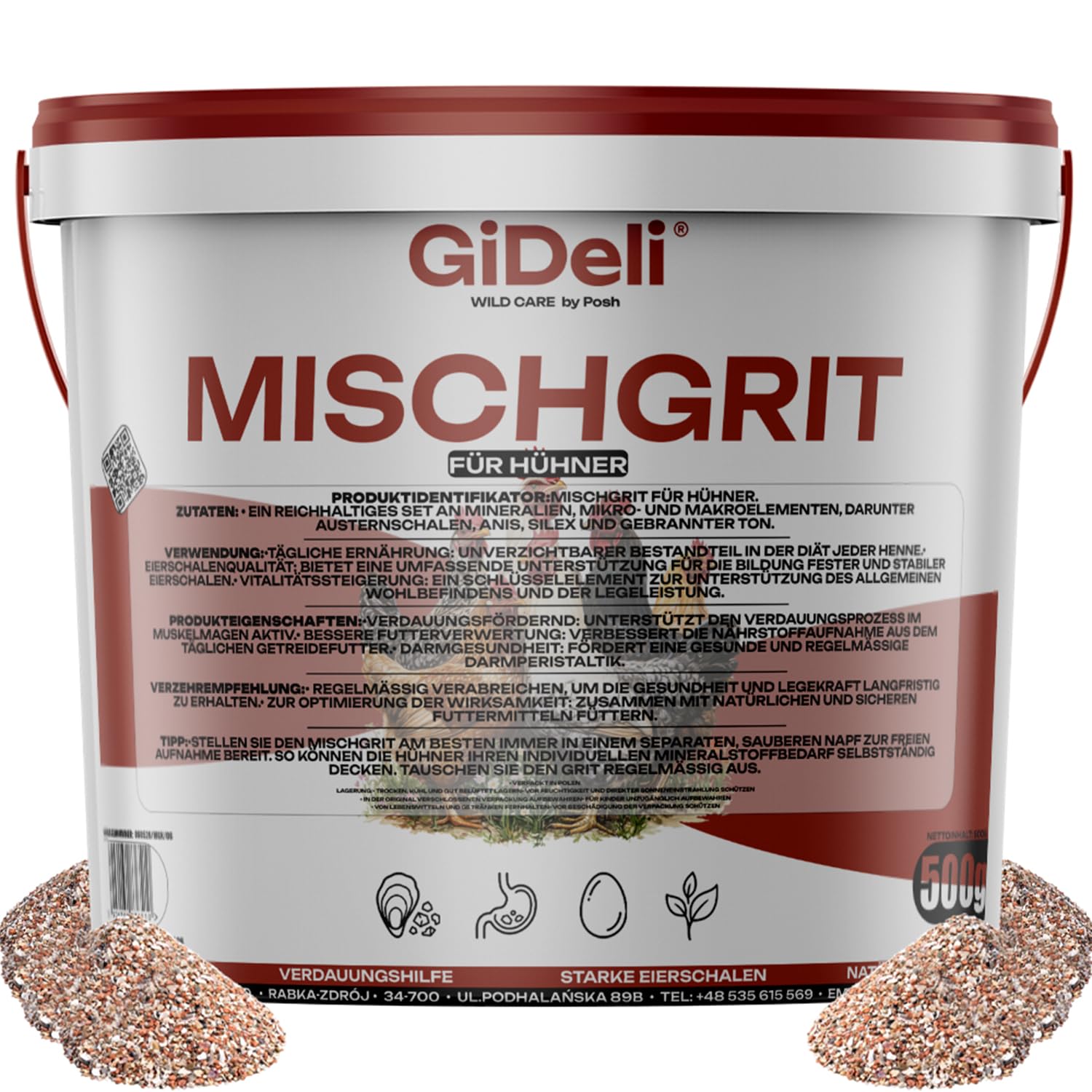 GiDeli Mischgrit für Hühner 500g im Eimer - Calcium aus Muschelgrit & Austernschalen für Starke Eierschalen - Steinmehl mit Silex zur Verdauung