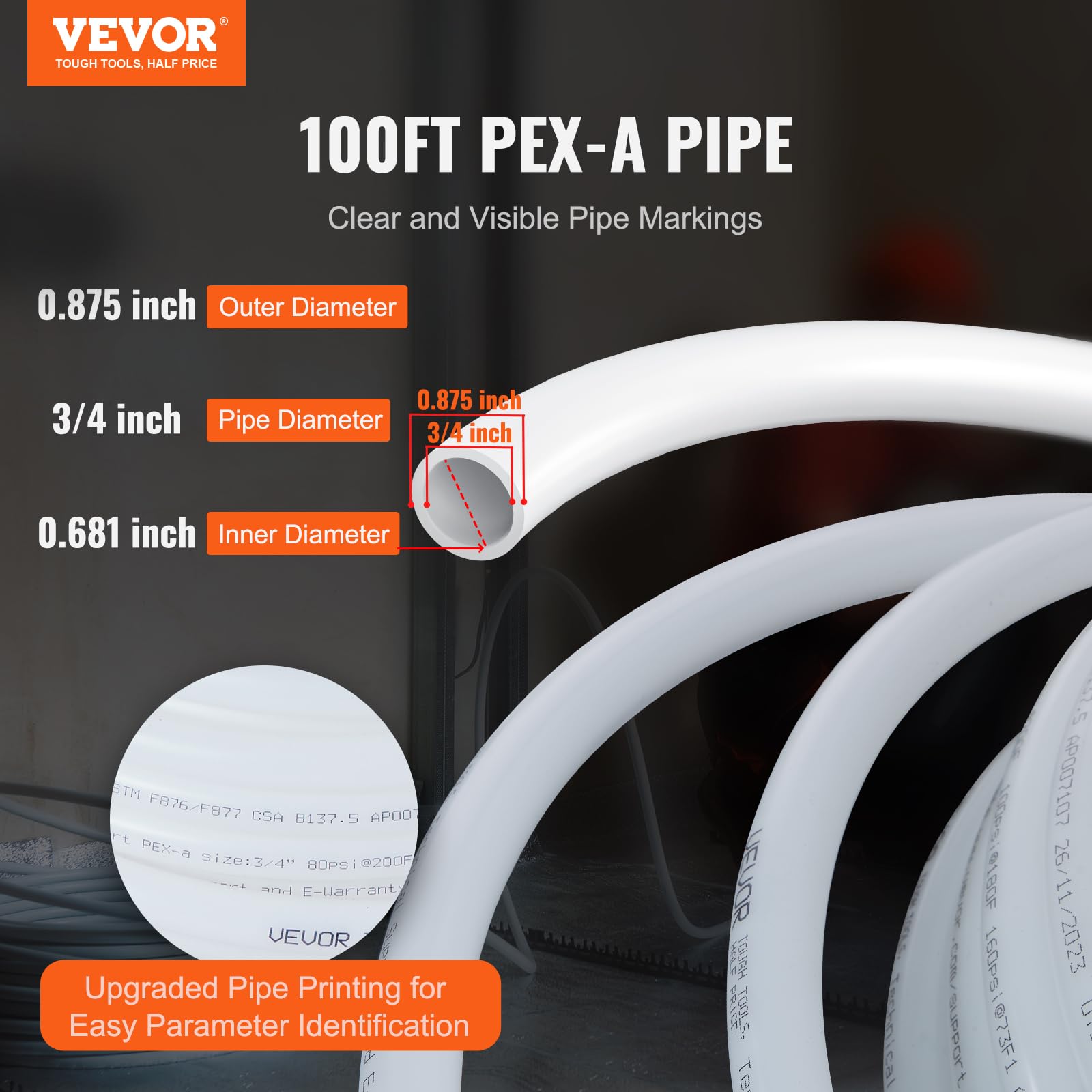 VEVOR P128-13-100W - Tubo PEX modelo nuevo, blanco, 3/4 pulgadas x 100 pies