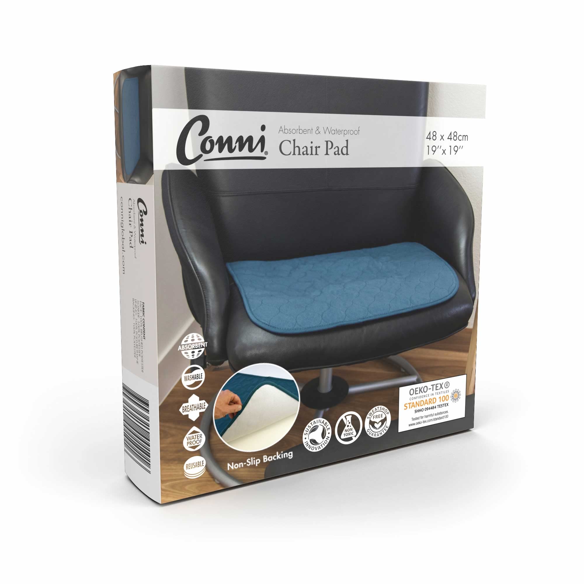 Conni Waterproof Chair Pads for Incontinence | Washable Wheelchair Pad for Elderly | Reusable Absorbent Car Seat Protector Small 19" x 19" (48 x 48 cm), Teal Blue