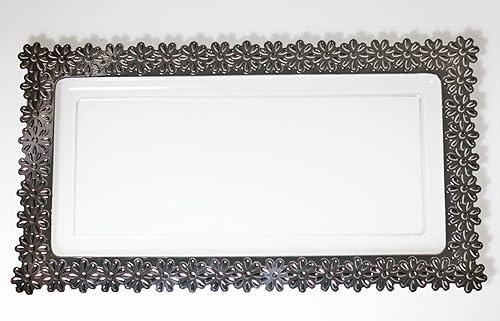 Miniatura 2 de Exquisite Bandejas desechables para servir, paquete de 2 bandejas grandes de plástico plateado para servir con diseño de flores, las mejores