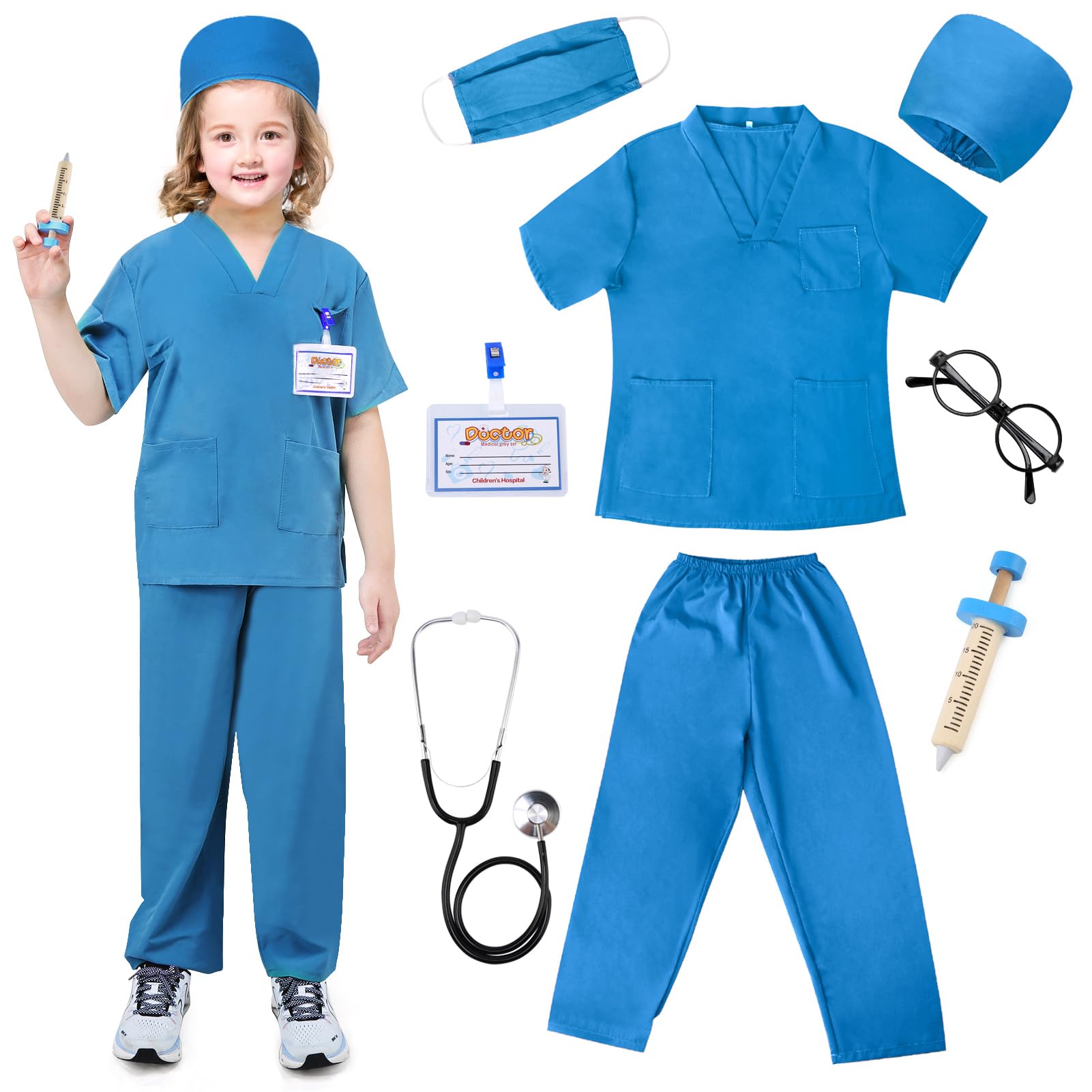 Doctor Costume Set for Kids-Kids Toys with Accessories,Mens and Womens Hospital Doctors Scrub Top Set,Toddler Nurse Scrubs Halloween Career Day Dress Up Cosplay For Boys Girls 3-11 Years (blue, M)