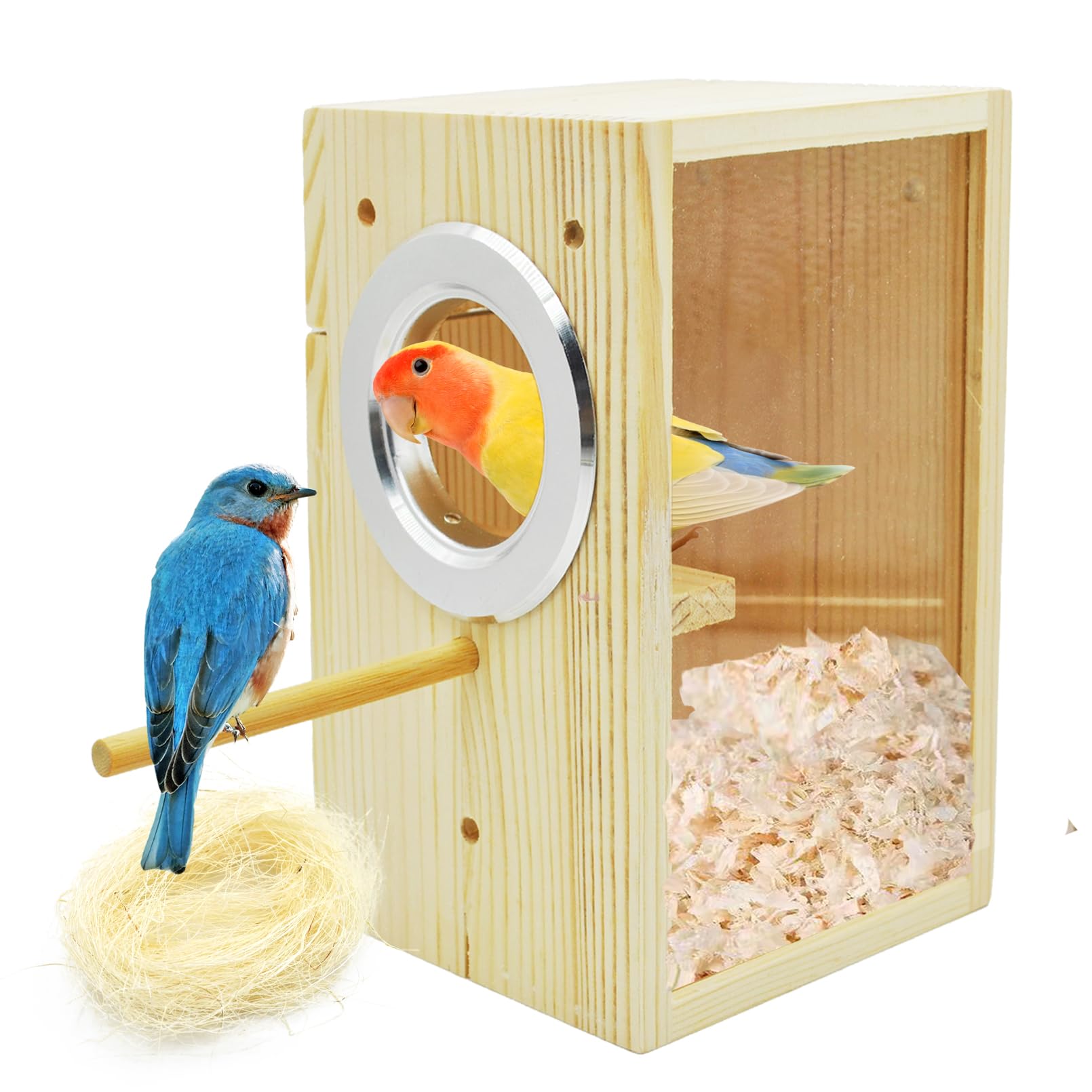 Parakeet Nesting Box,Transparent Bird Nest Boxs Natural Wooden Breeding Box with Coconut Fiber,Birds Cage House with Perch for Canary Budgies Gouldian Finch Cockatiel Conure and Other Small Birds