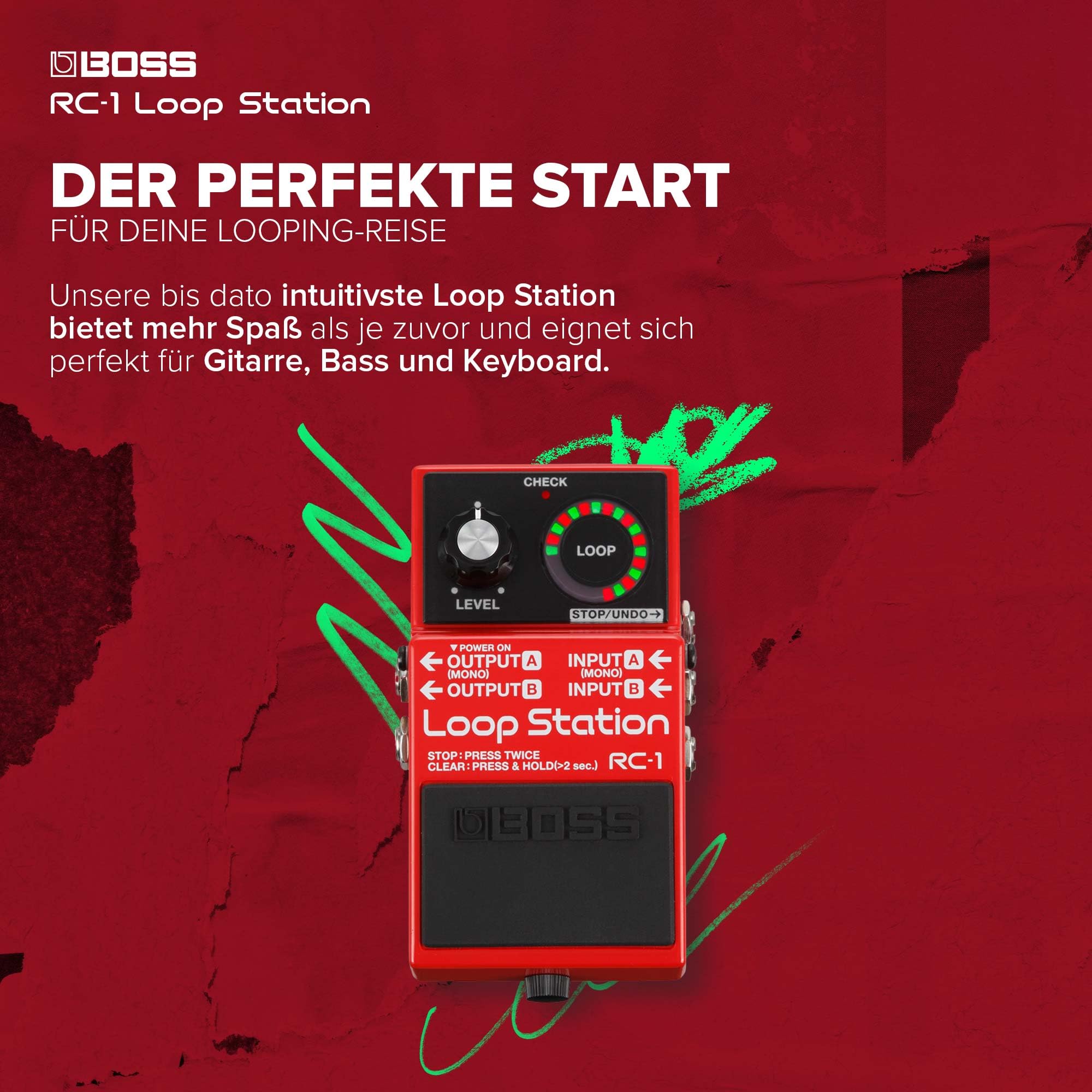 BOSS RC-1 Loop Station Pedal | Einfacher Looper für Gitarre, Bass, Keyboard & mehr | LED-Anzeige mit 24 Segmenten | 12 Minuten Aufnahmezeit | Aufnahme, Wiedergabe, Overdub, Undo/Redo Loops