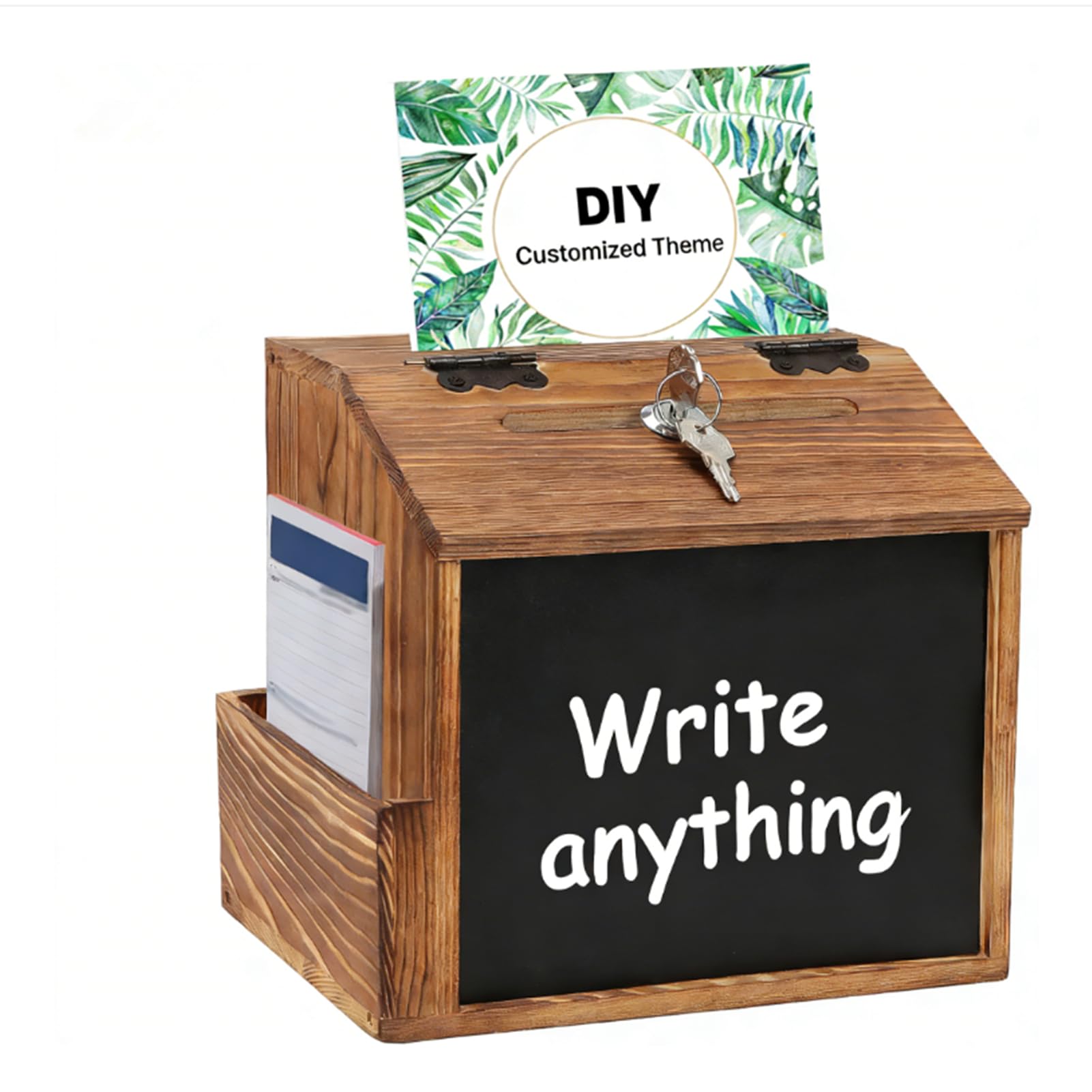 Clyfanesy Suggestion Box,Wooden Donation Boxes Lockable for Fundraising Prayer Ballot Comment, Wall Mounted Charity Collection Feedback Tip Prayer Box with Blackboard for Office