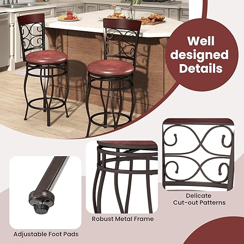 Miniatura 6 de GOFLAME Juego de 4 taburetes de bar giratorios de 26 pulgadas de altura de mostrador con asiento tapizado de piel sintética, respaldo ergonómico y