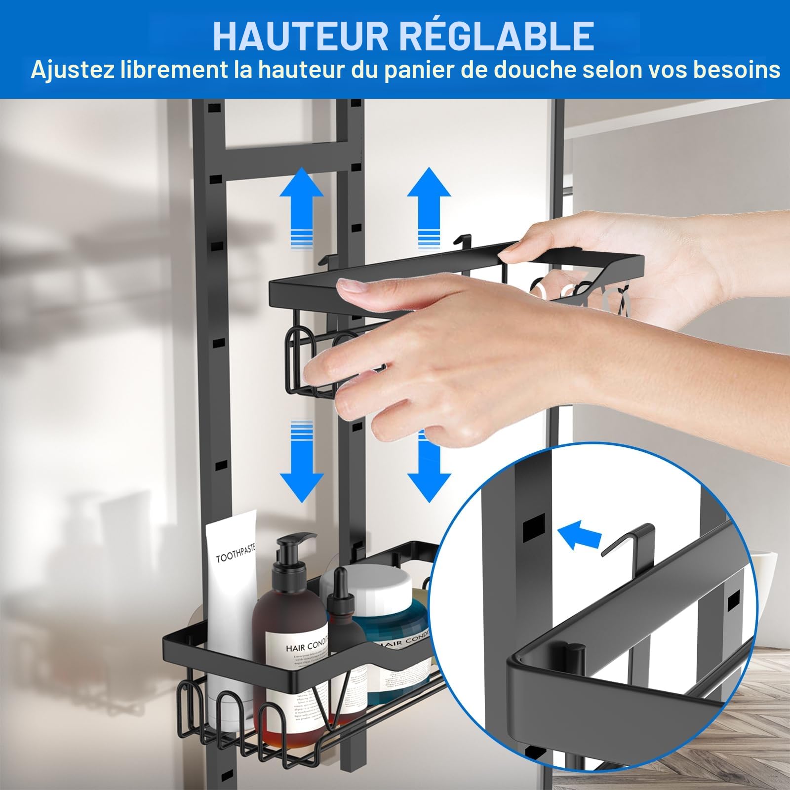 Etagere Douche à Suspendre, Rangement Douche sans Percage aver 3 PCS Réglable Panier à Suspendre pour le Gel et le Shampooing (Noir)