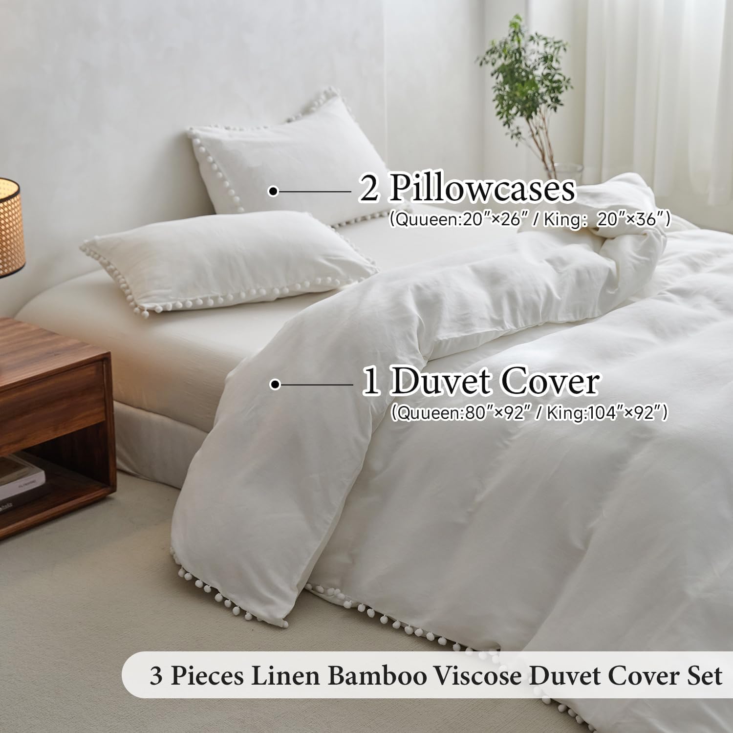 Simple&Opulence French Linen Blended Duvet Cover King, Flax Viscose Derived from Bamboo Bedding Set with Pom Pom Trim Soft Cooling for Hot Sleepers, 1 Boho Comforter Cover and 2 Pillow Shams, White