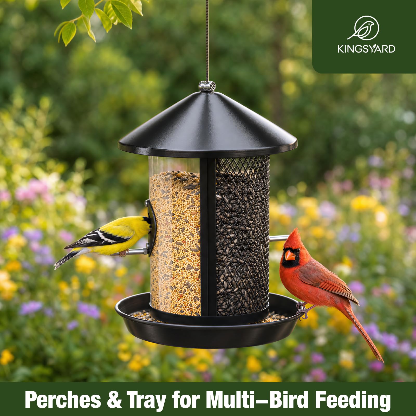 Kingsyard Comedero de metal para pájaros para colgar al aire libre, comedero para pájaros silvestres a prueba de masticación con doble cámara de 4 libras de capacidad para pinzón cardenal Bluebird