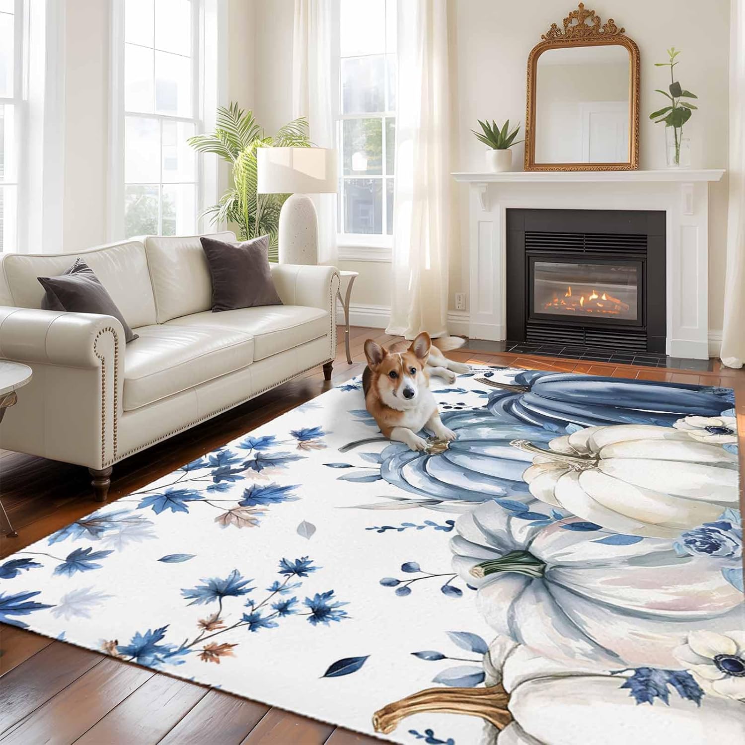 DecorLovee Large Area Rugs for Living Room Bedroom, Blue Fall Pumpkins 8'x10' Rug Washable Carpet Indoor Outdoor, Maple Leaf Tree Thanksgiving Autumn Non Slip Floor Mats Area Rug for Kitchen, Patio