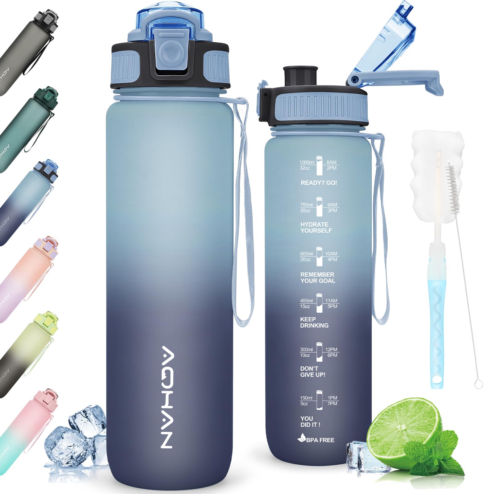 AOHAN 1L Water Bottles Tritan Drinks Bottle,Two Drinking Ways, Leak-Proof & BPA-Free Sports Bottle, Dishwasher Safe Motivational Water Bottle for Fitness Outdoor Sports (Midnight Blue)