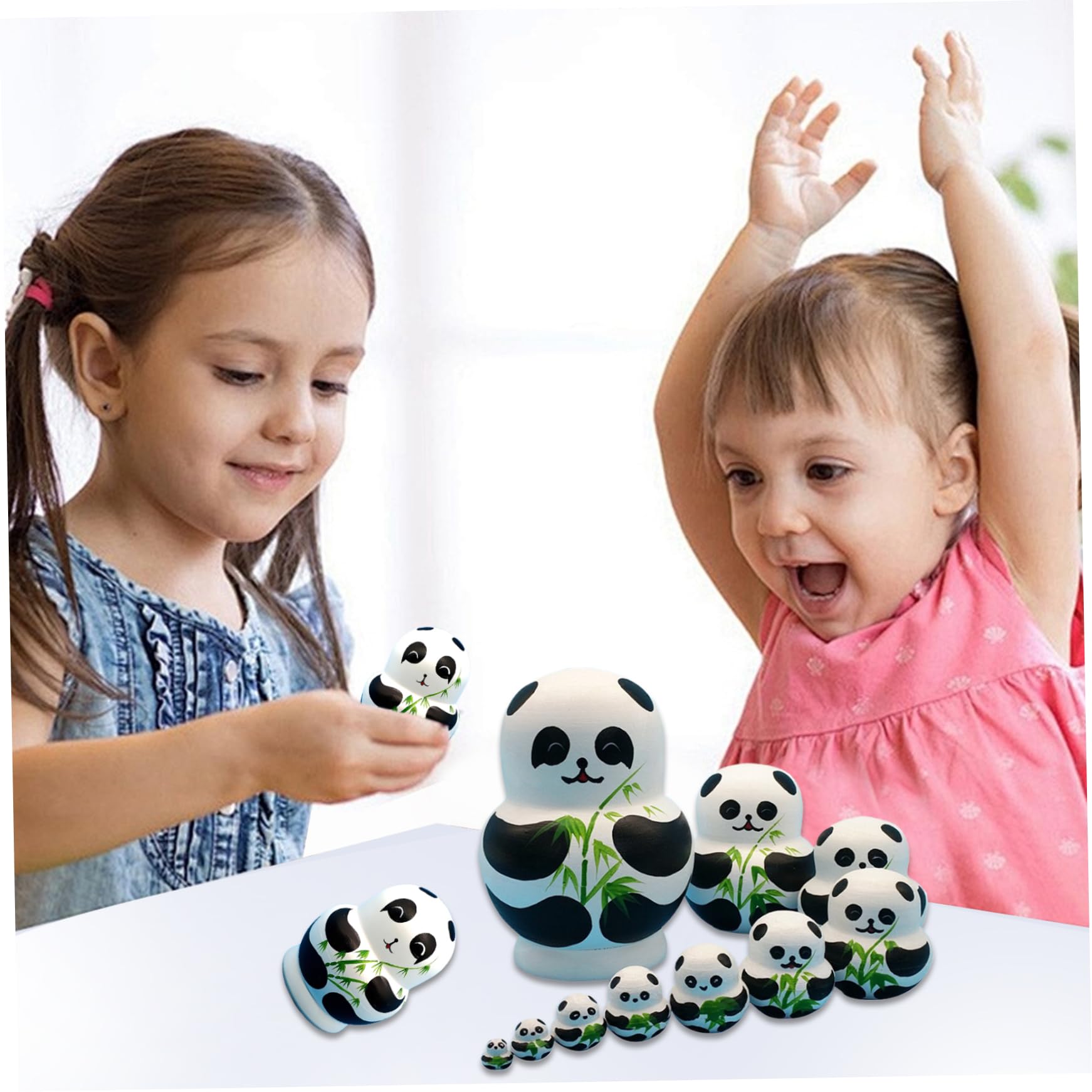 Matroschka-Puppen im Panda-Design, niedlicher Cartoon mit Bambusmuster, 1 Set (10 Stück), russische Matroschka-Puppen aus Holz für Kinder