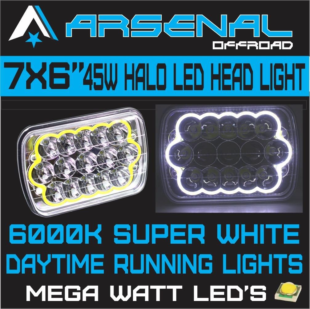 ARSENAL No.1 45w Rectangle 7x6 HALO DRL Led Headlights 6054 5x7, 7x6 Hi/Low Head Lights, Led Sealed Beam S10 H4 Plug H6054 Headlights H5054 6052 For Wrangler YJ Xj Cherokee Truck (1PC)