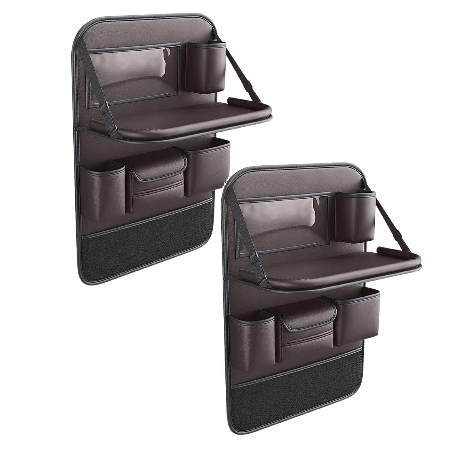 Organizador de asiento trasero de coche con bandeja de mesa plegable, soporte para tablet y alfombrillas para patadas, paquete de 2 accesorios de viaje de ajuste universal para la mayoría de los
