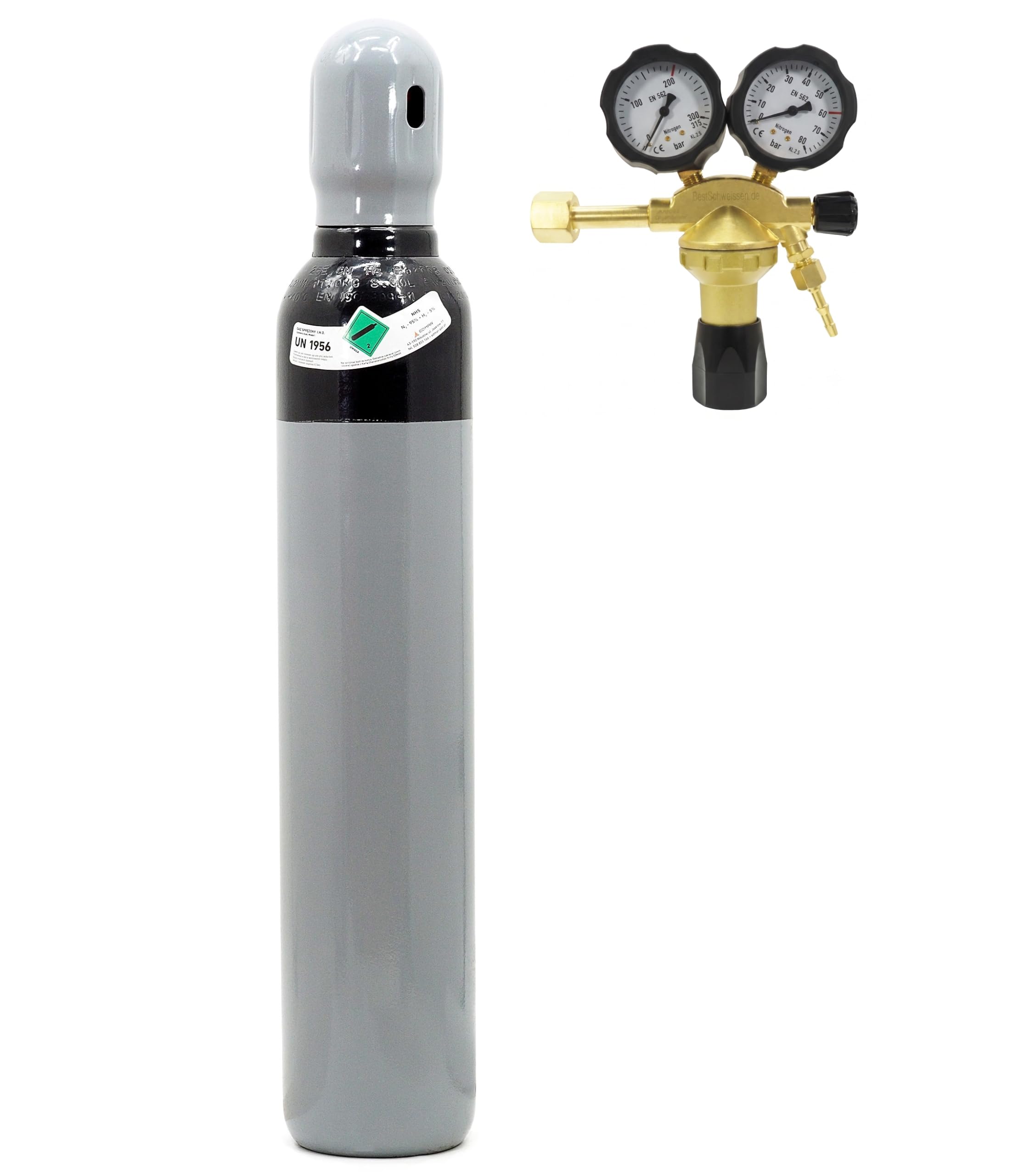 Botella de nitrógeno de 8 litros con regulador de presión de nitrógeno, regulador de presión de nitrógeno, botella de gas con presión de funcionamiento de 200 bar, botella NH5 + 2 manómetros de 40 bar