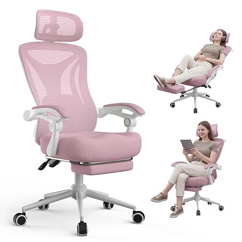 CYKOV Ergonomic Office Chair with Footrest - Adjustable Lumbar Support & Headrest, 90-135° Reclining Mesh Back Computer Chair - Home Office/Gaming, 350lbs Capacity - W-pink - Modern