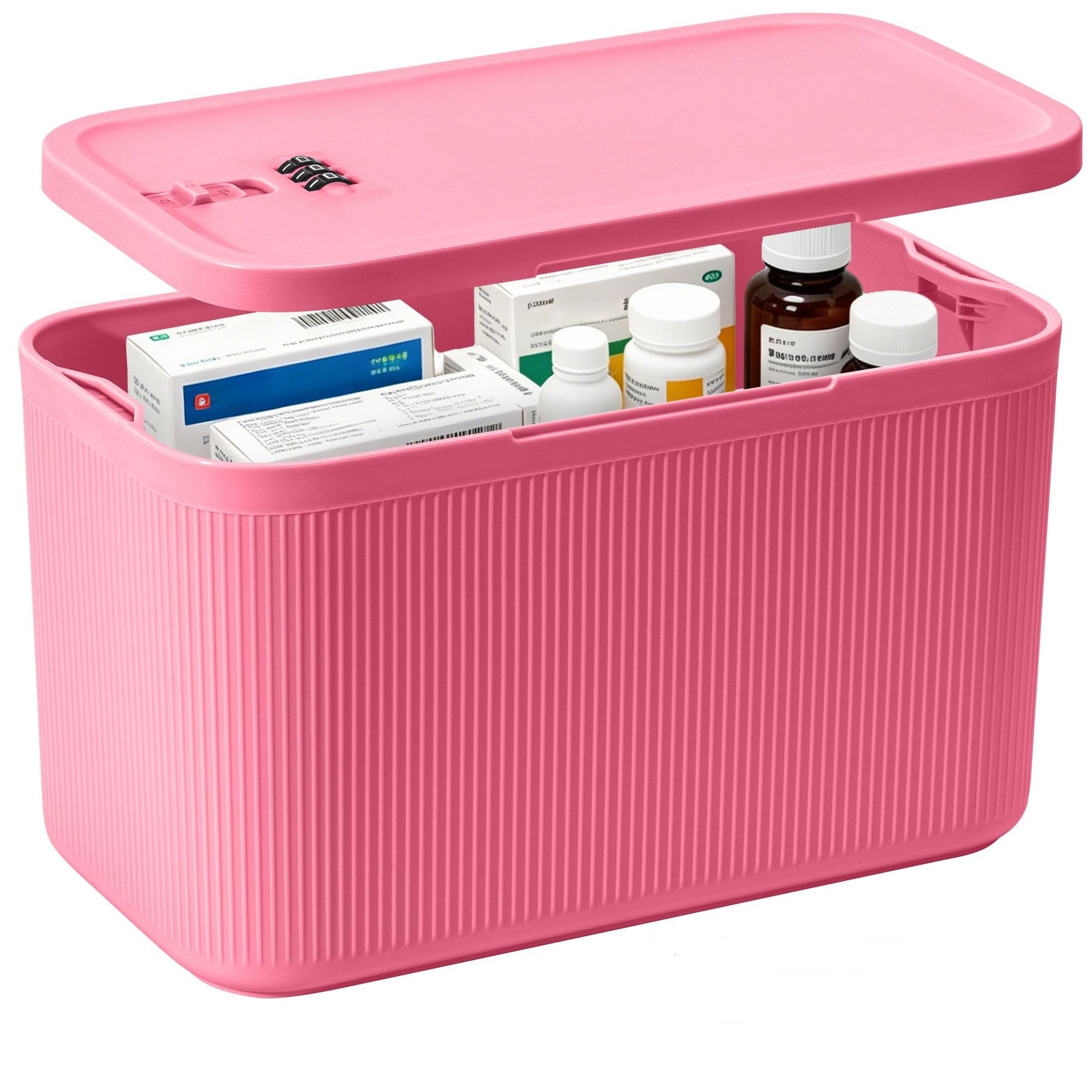 Small Medication Lock Box with Combination Code, Lockable Storage Box for Pills/Snacks/First Aid Kits, Phone/Personal Items, Secure Container for Home/Fridge/Office/Travel- Reusable (Pink)