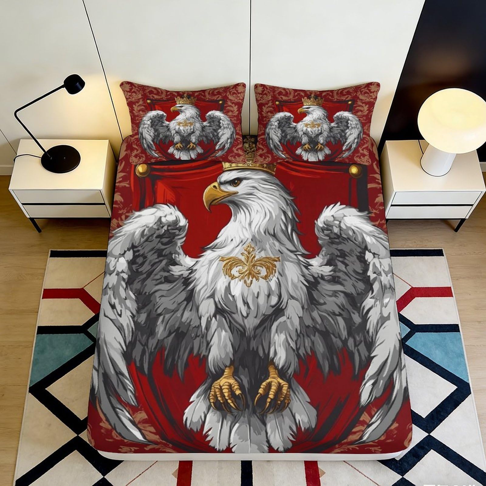 Jqzkxnhpbr Style-4 3D Printed Majestic Eagle Fitted Sheet Microfiber Soft Red Shield Bed Cover For Bedroom Guest Room Decor Protection 90X200x25cm