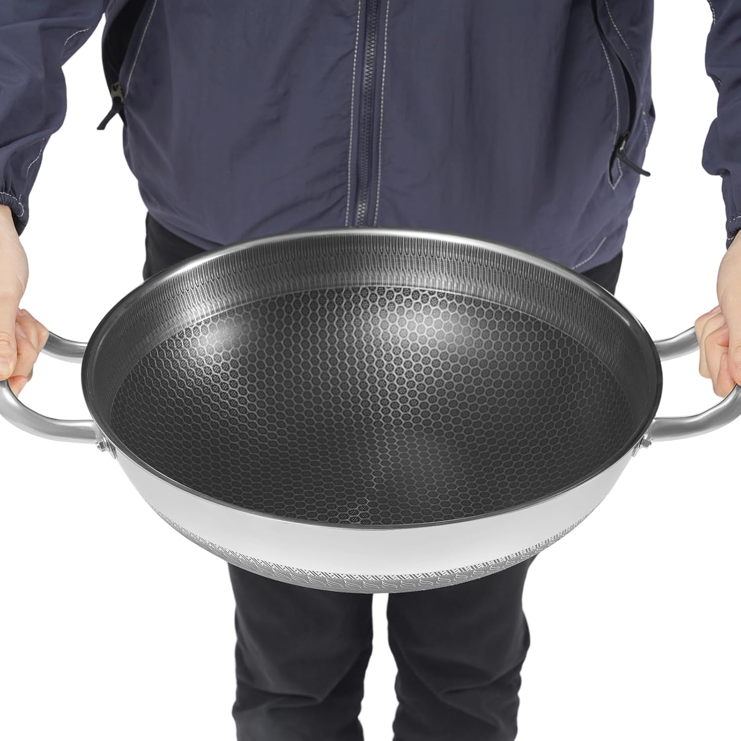 13Inch Tri-Ply Stainless Steel Pan, Nonstick Paella Pan with Glass Lid, Large Skillet, Honeycomb Frying Pan - Oven & Induction Safe, Cookware for Sauteing Stir Fry