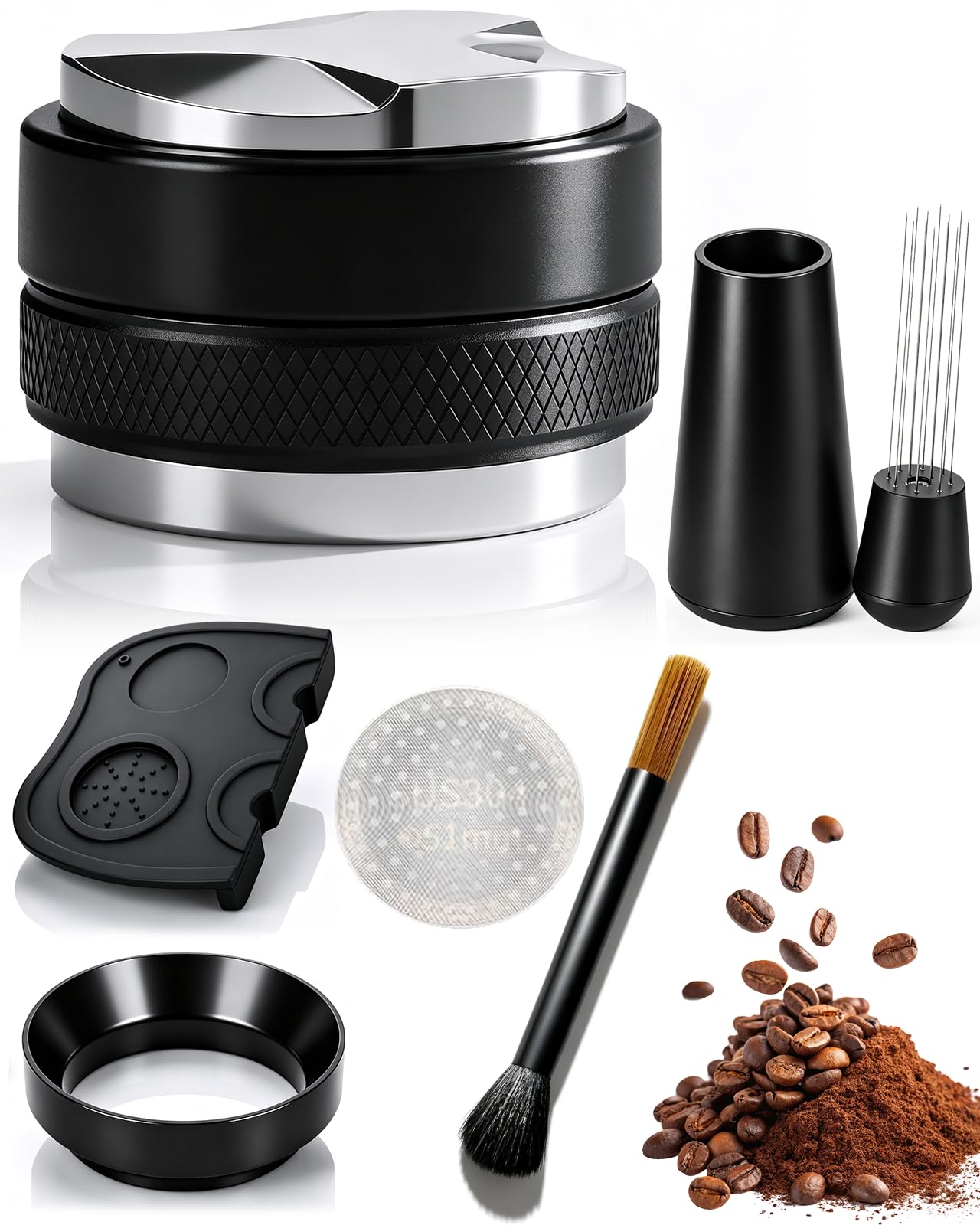 Akcesoria do sitka, 51 mm, dystrybutor kawy 51 mm, narzędzie do wyrównywania espresso, kompletny zestaw barista z narzędziem WDT, tamper, pierścieniem dozującym, krążkiem i szczotką do czyszczenia