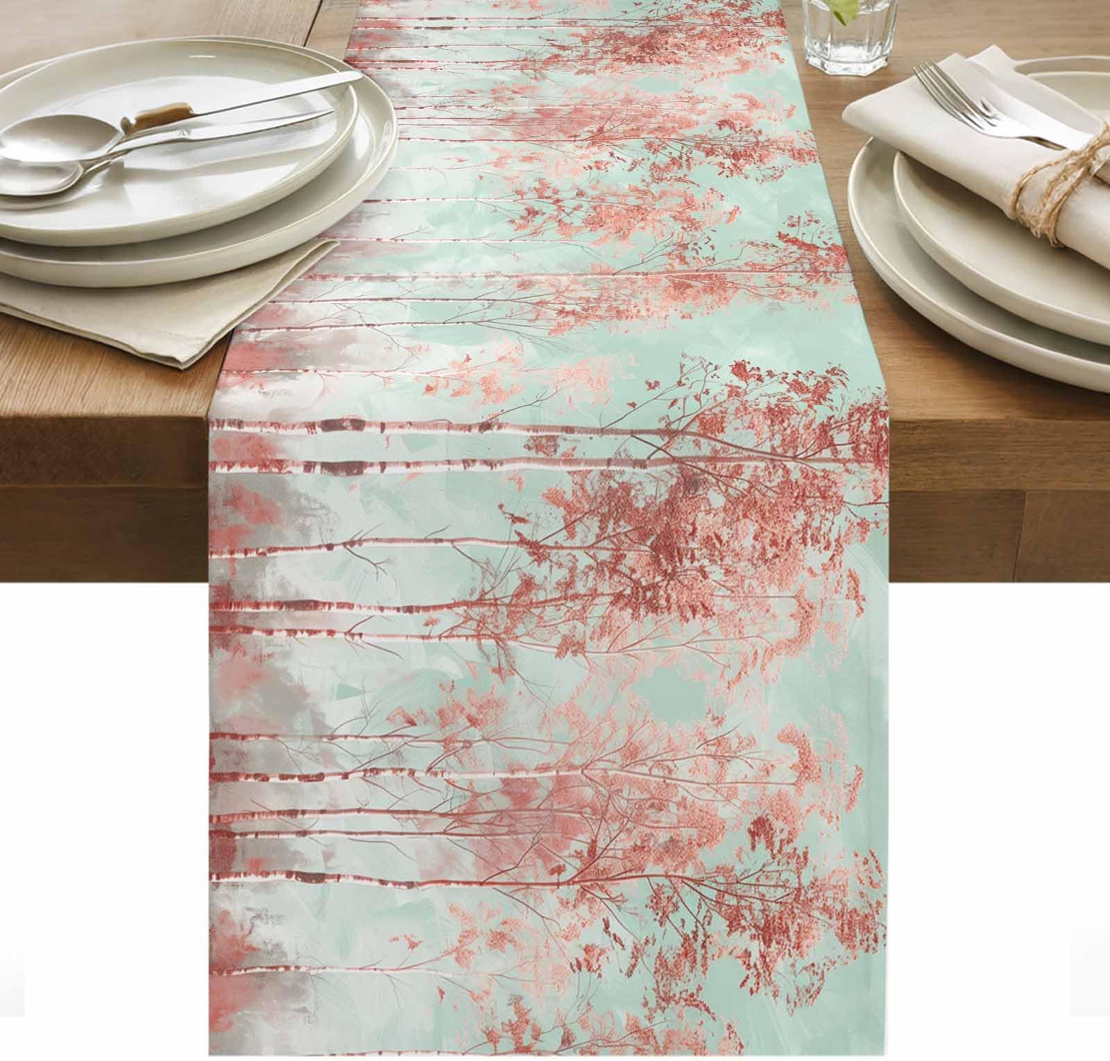 Table Runner 72 inches Long Red Forest Dining Table Runners Plant Oil Painting Green Kitchen Table Decoration for Home Party, Indoor and Outdoor Decor 16x72 Inch