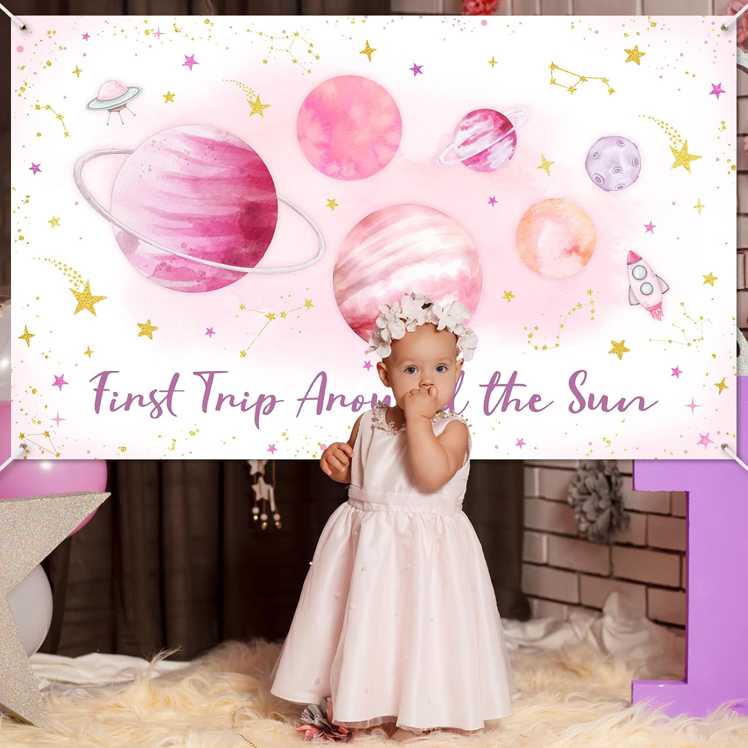 Avezano First Trip Around The Sun Birthday Banner Outer Space 1st Birthday Party Backdrop First Trip Around The Sun Decorations Banner for 1st Birthday Baby Shower Party (Pink)