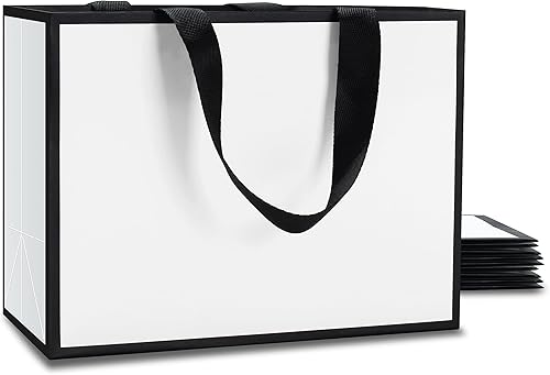 Bolsas de regalo pequeñas de color blanco, 10 unidades de 8 x 3.75 x 6 pulgadas, mini bolsas de regalo a granel en blanco y negro con asa de cinta,
