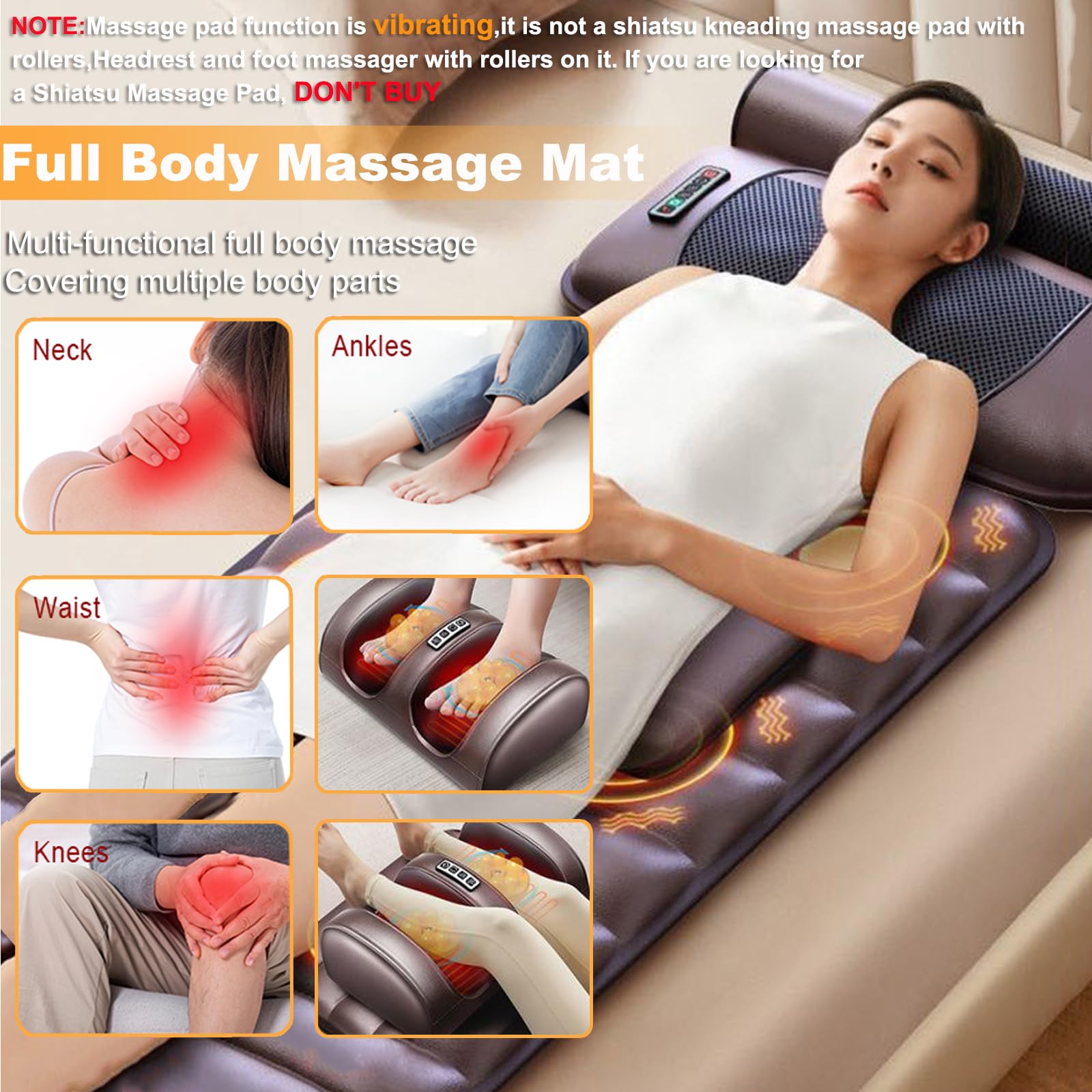 Ganzkörpermassagematte, Massagekissen mit Heizung, 9 Massagemodi und 9 Geschwindigkeitsmodi, mit abnehmbarer Nackenmassagekopfstütze und multifunktionalen Bein- und Fußmassagegeräten, Home Office