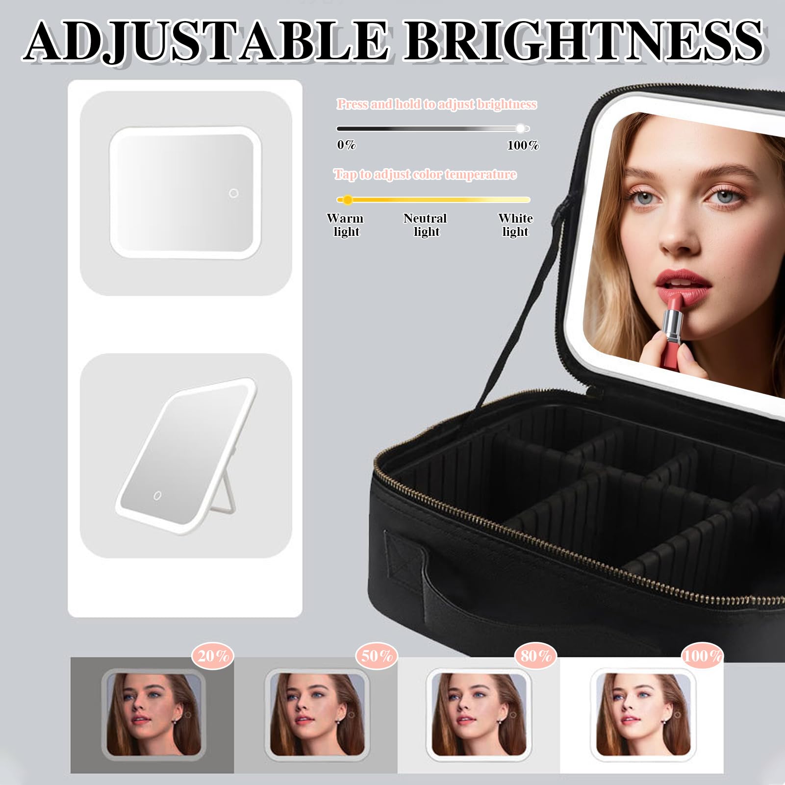 Kosmetiktasche mit LED Beleuchtung Spiegel, Kosmetikkoffer Damen Make up Tasche Make up Koffer Reise Schminkkoffer Damen, Einstellbare Helligkeit in 3 Farben, Makeup Organizer für Geschenk (Schwarz)