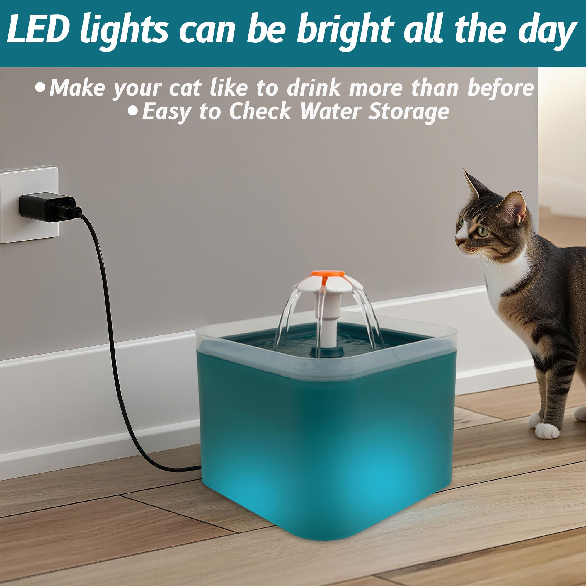 Fuente de agua para gatos, fuente de agua para mascotas con luz LED, gran capacidad de 67 onzas/2.0 L, cuenco de agua para gatos, 3 diseños de flores y silenciosa