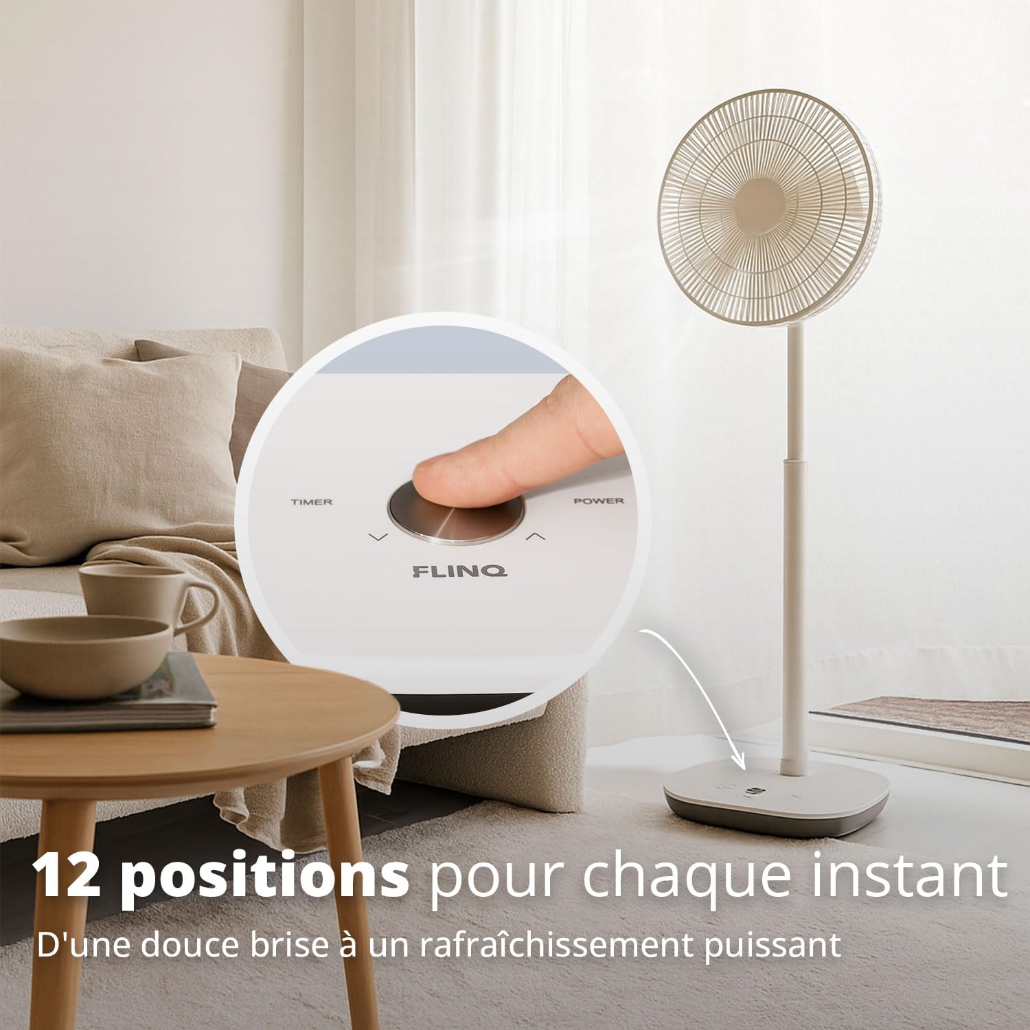 FLINQ Ventilateur sur Pied Silencieux - Ventilateur Colonne 180° Oscillation - 12 Vitesses - App & Télécommande - Ventilateur Puissant Chambre - Blanc
