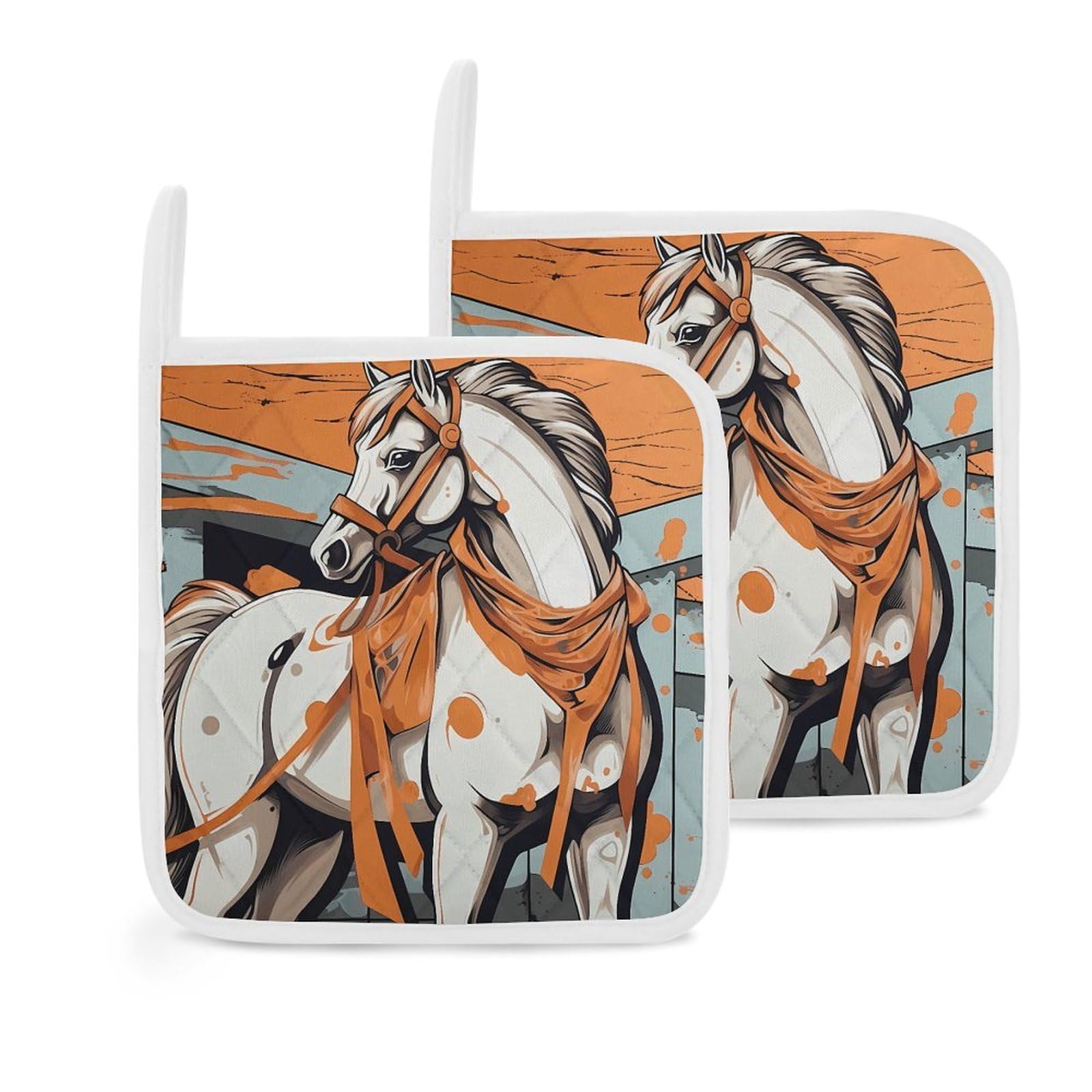 Btcowzrv Style A Cartoon Horse 2 Pack Pot Holders For Kitchen, Heat Resistant Potholder Set With Hanging Loops, Hot Pads For Oven Baking Cooking