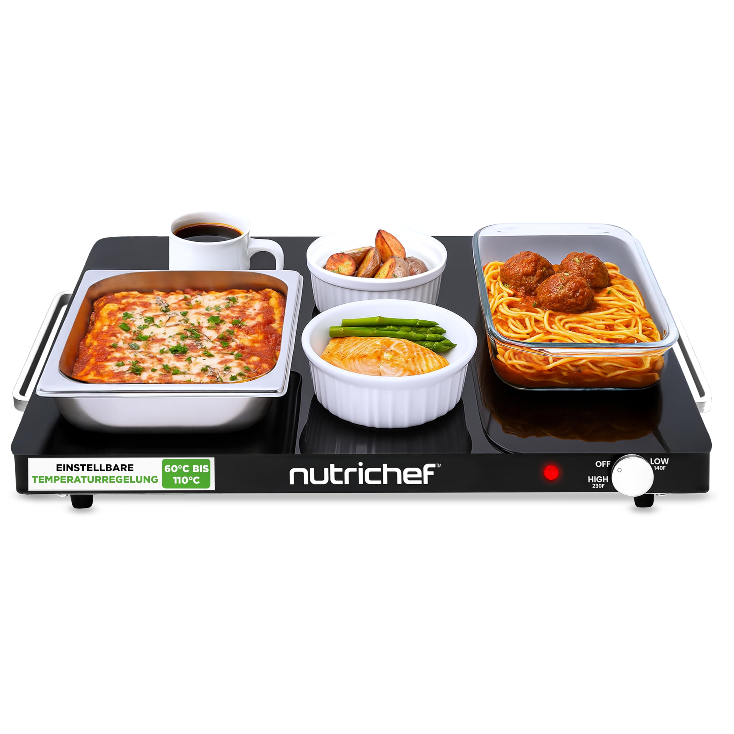 NutriChef Kochplatte elektrisch – Warmhalteplatte 54×42 cm mit Temperaturregelung 60–110 °C, 180 W Warmhaltebehälter für Buffet, Grillgut & Party - Sicher, Energiesparend & Flach - Schwarz