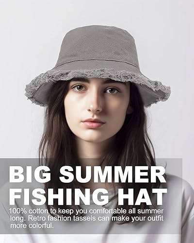 Miniatura 7 de Zylioo Sombreros de pescador deshilachados XS-2XL, sombreros de pescador con borla y correa para la barbilla, sombrero de pesca con flecos de talla