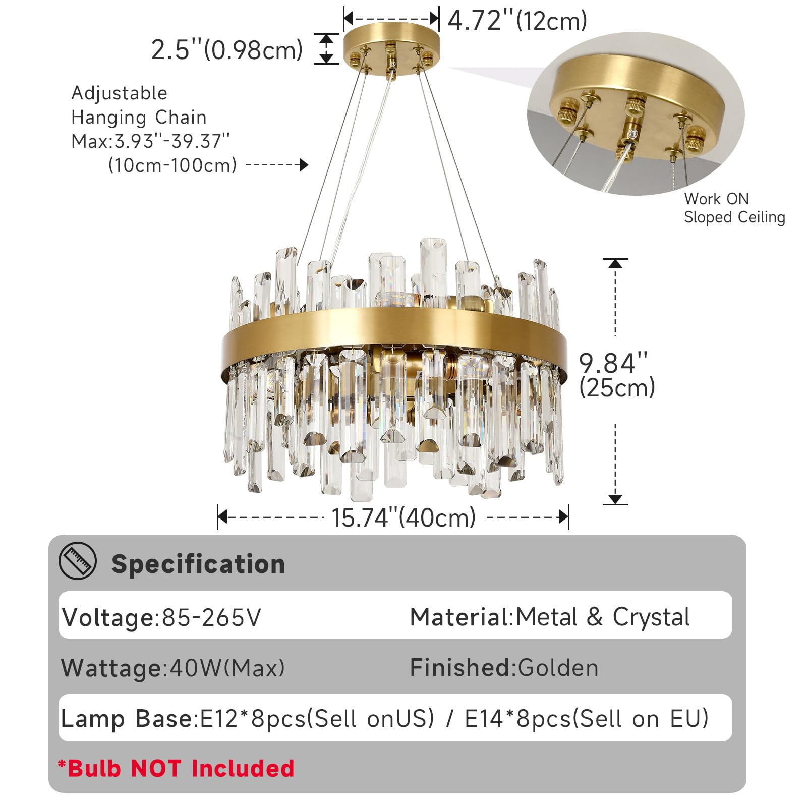 Moderner Kristall-Gold-Kronleuchter, runde Kristall-Pendelleuchte, 8 x E14 Pendelleuchte für Wohnzimmer, Esszimmer, Schlafzimmer, Φ40 cm