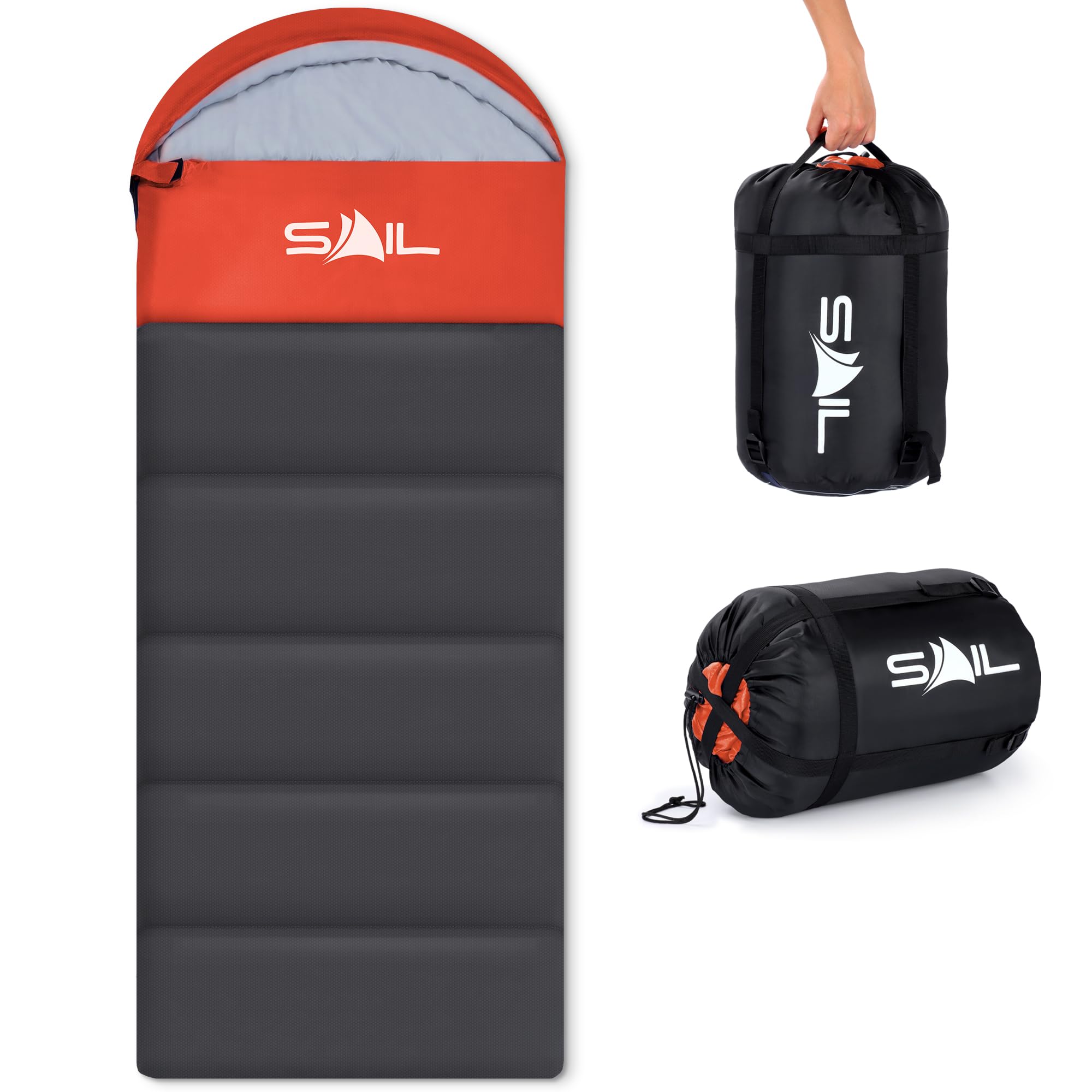 SAIL 4 Season Sleeping Bag for Kids & Adults - Extra Wide, 400GSM Lightweight & Waterproof - Large XL Sleeping Bag for Camping, Indoor & Outdoor, Hiking & Backpacking - Orange