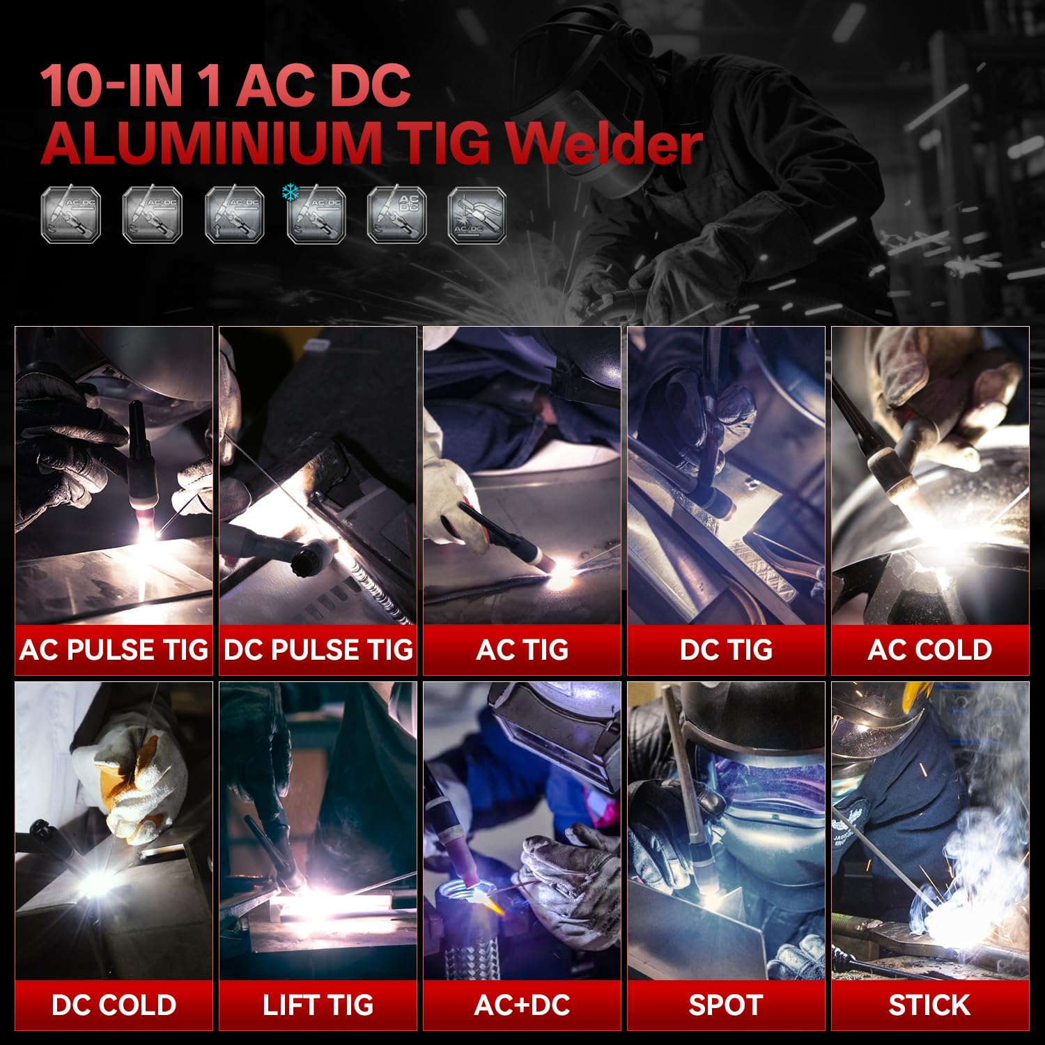 ANDELI 10-in-1 Aluminium TIG WIG schweißgerät AC DC, Fußpedal, 205A LCD, Puls Rechteck Sinus Trapezwelle, Kalt Punktschweißung, 230V, TIG-205 PRO